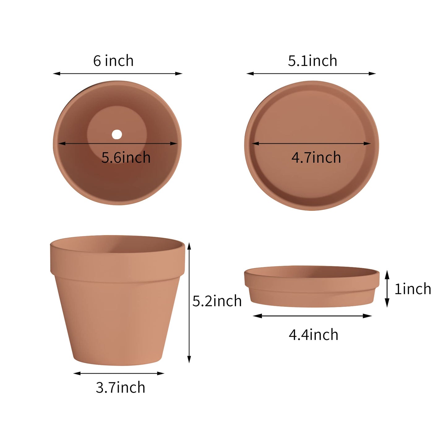 Fcacti 6 Inch Clay Pot for Plant with Saucer - 6 Pack Large Terra Cotta Plant Pot with Drainage Hole, Flower Pot with Tray, Terracotta Pot for Indoor Outdoor Plant