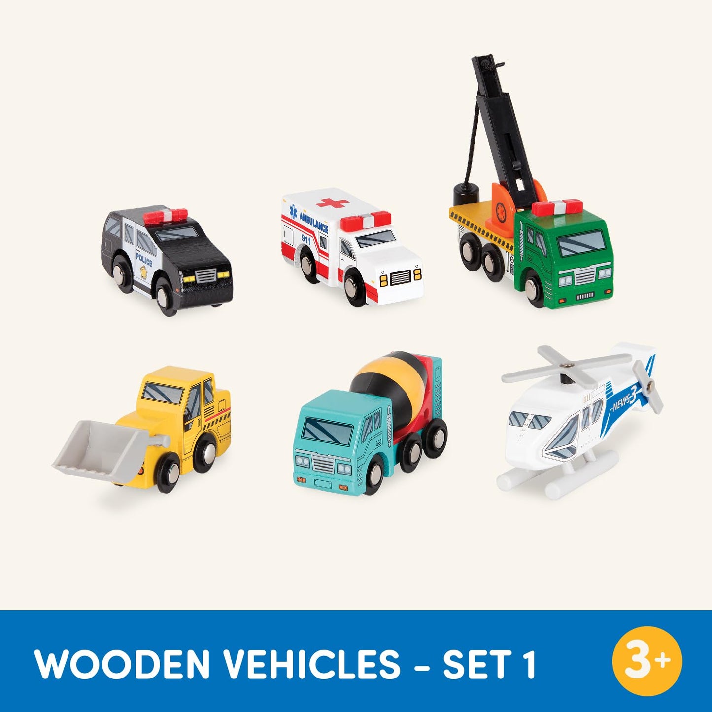 Battat – Wood Cars for Kids – 6 Pieces Toy Vehicle Set – Mini Rescue & Construction Vehicles – Toddler Truck Toys – 3+ Years– Wooden Vehicles Set 1