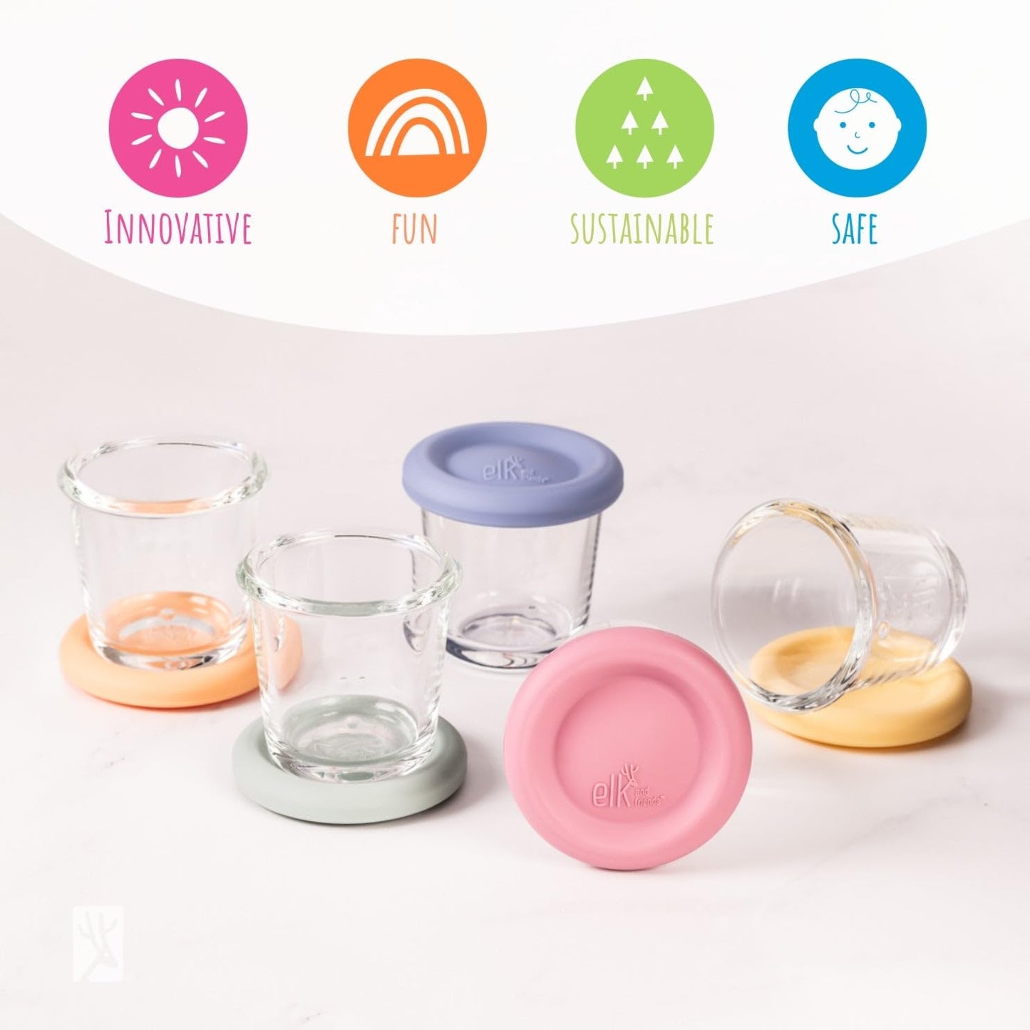 Elk and Friends 4oz Borosilicate Glass Baby Food Storage Jars with Silicone Lid | Strong Glass | Set of 12 | Microwave, Oven & Dishwasher Safe | Infant and Babies