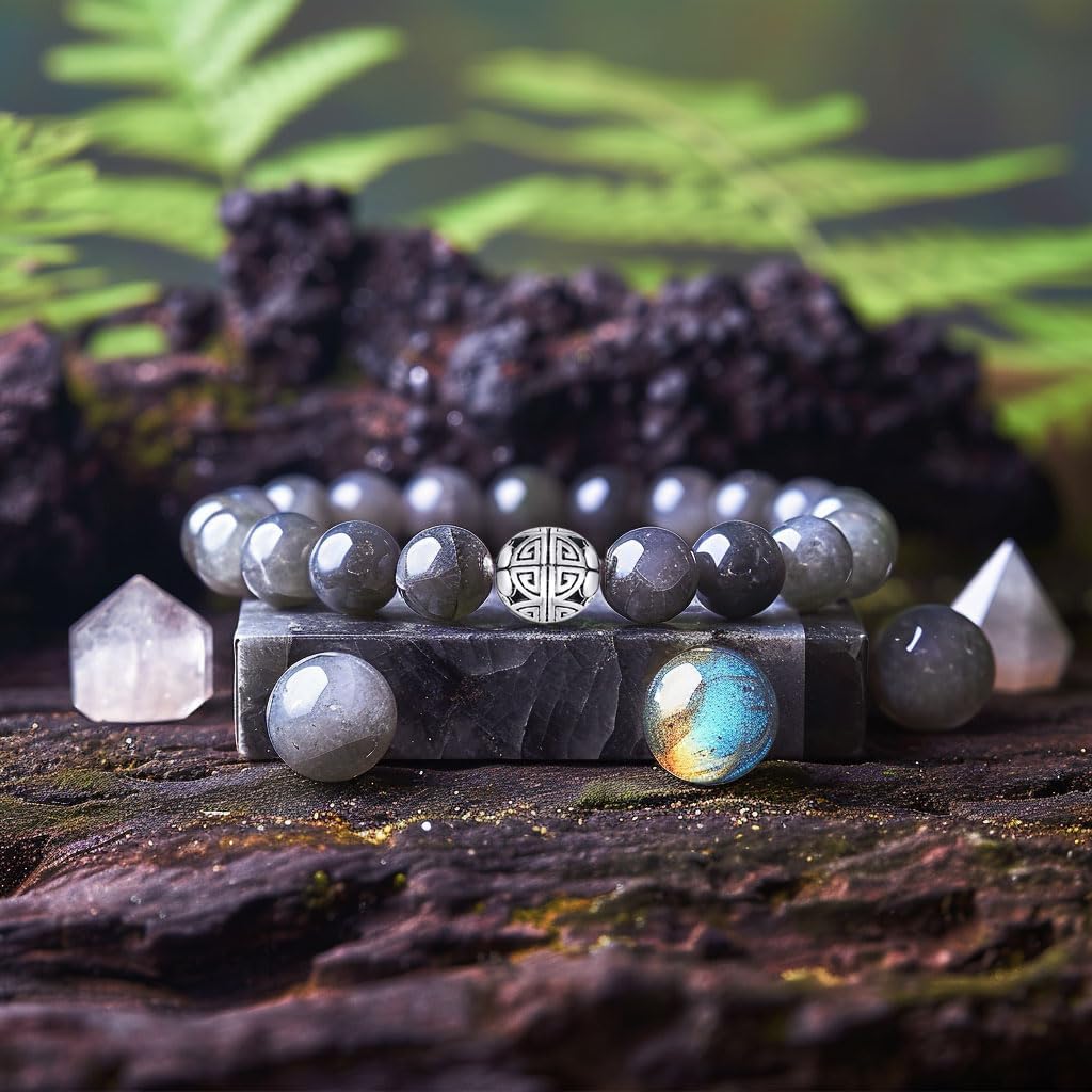 MetJakt Healing Crystals Beaded Bracelets for Womens Natural Gemstone 8mm Beads Stretch Bracelets with 925 Sterling Silver Double Happiness Pendant (Labradorite AAA)