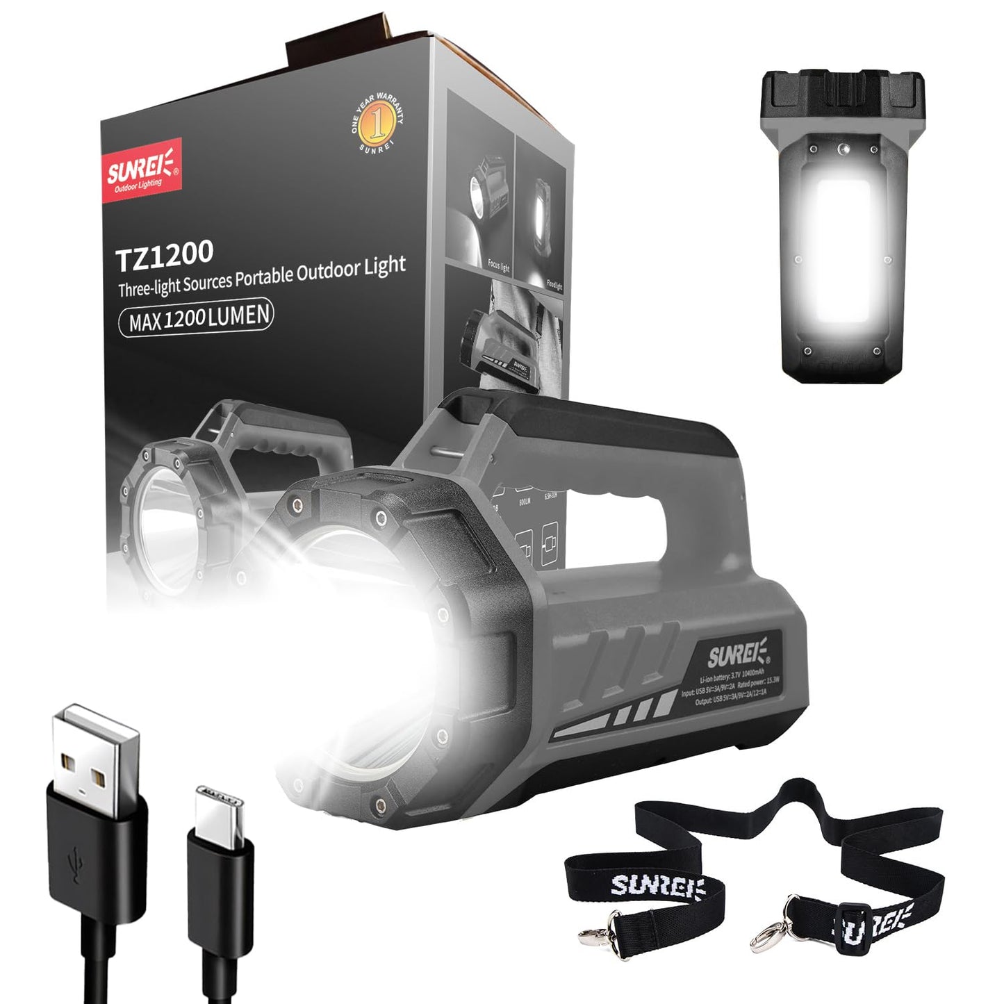 SUNREI Rechargeable LED 1500LM Box Flashlight, 8 Light Modes Portable Camping Lantern, 10400mAh Power Bank, IP67 Waterproof for Emergencies Power Outages, Hurricane Emergency, Hiking, Home, etc