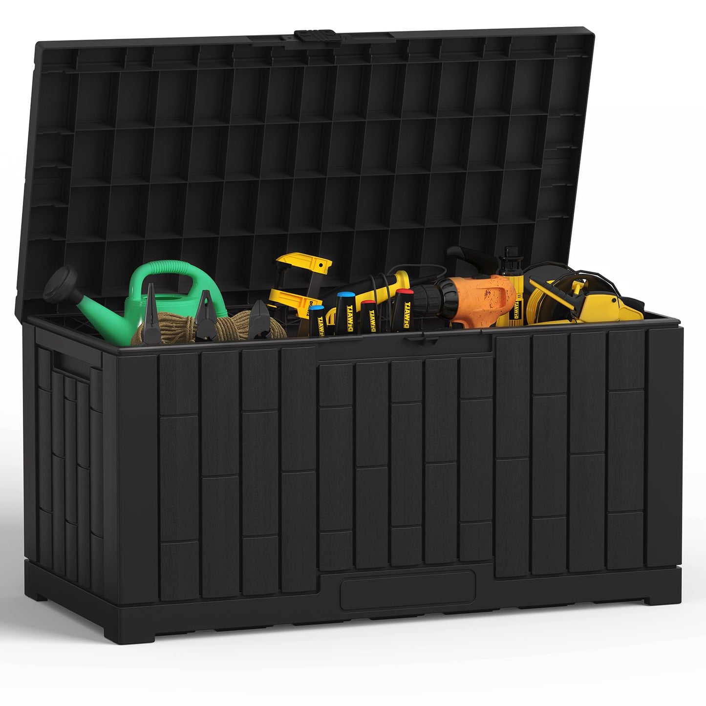 NEWBULIG 60 Gallon Deck Box, Waterproof Outdoor Storage Box with Lockable Lid, Patio Furniture Bench & Side Table, Outside Storage Container, Tool-Free Assembly, for Garden, Pool, Black