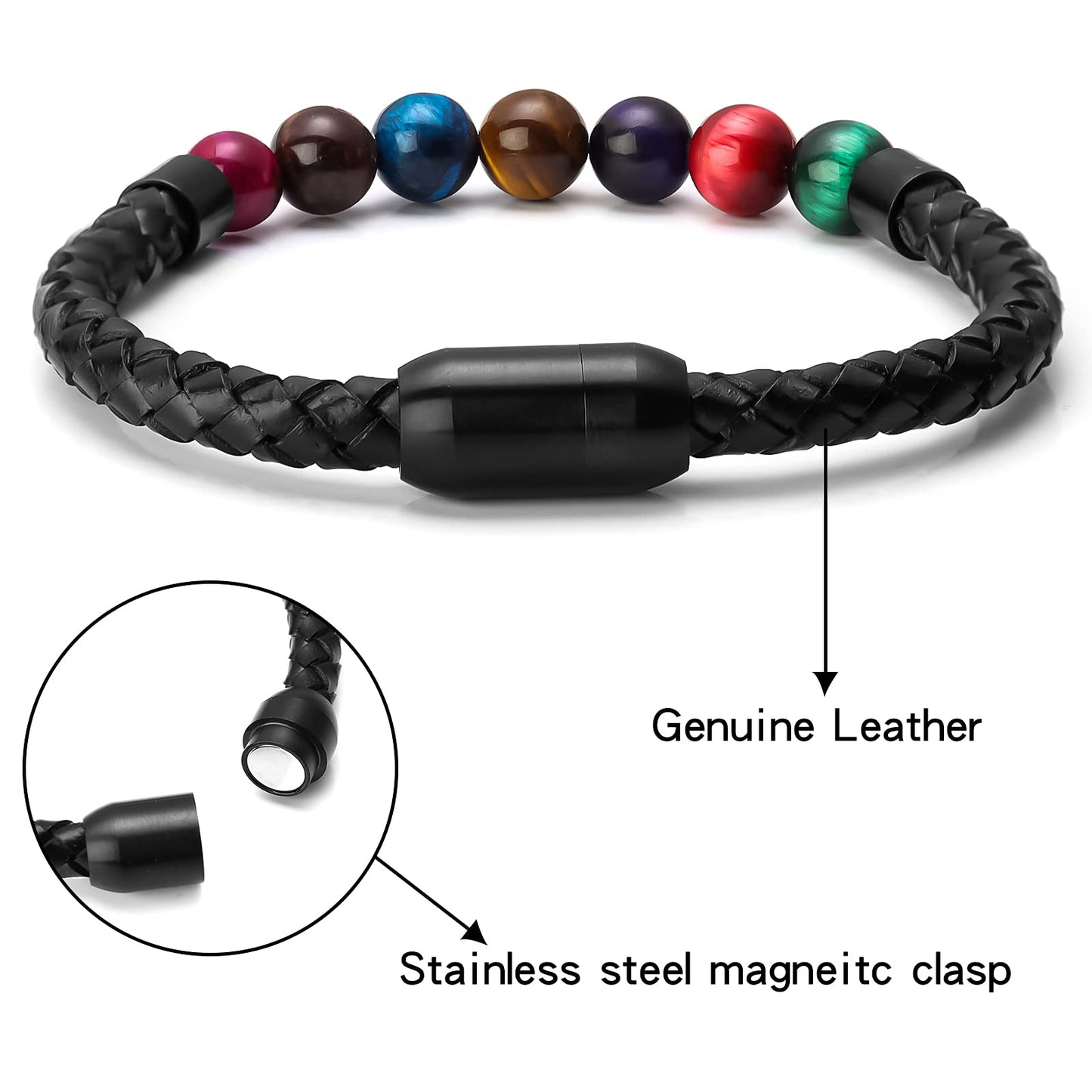 Ckysee 7 Color Tiger Eye Stone Healing Balancing Genuine Leather Beads Bracelet Magnetic Clasp Bracelet 8.5"