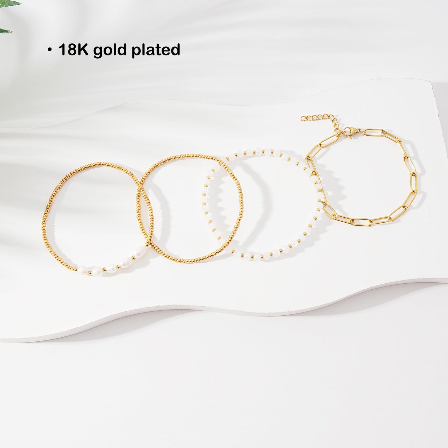 Pymach Dainty Gold Plated Pearl Crystal Beaded Bracelets Set for Women 14K Gold Plated Bead Pearl Beads Bracelet Stackable Paperclip Link Chain Bracelets Gold Plated Bracelets for Women Trendy Jewelry