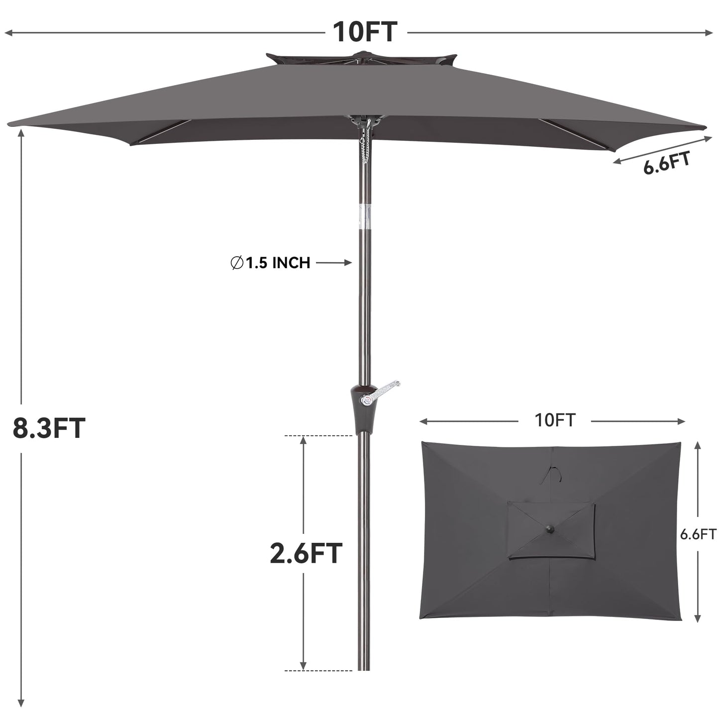 6.6 x 10 ft Rectangular Patio Umbrella, Outdoor Market Table Umbrella with Push Button Tilt and Crank, Double-Tier Vent, 6 Ribs, Rectangle Patio Umbrella for Backyard, Deck, Pool, Fits 4–6 Chairs and Tables (Grey)