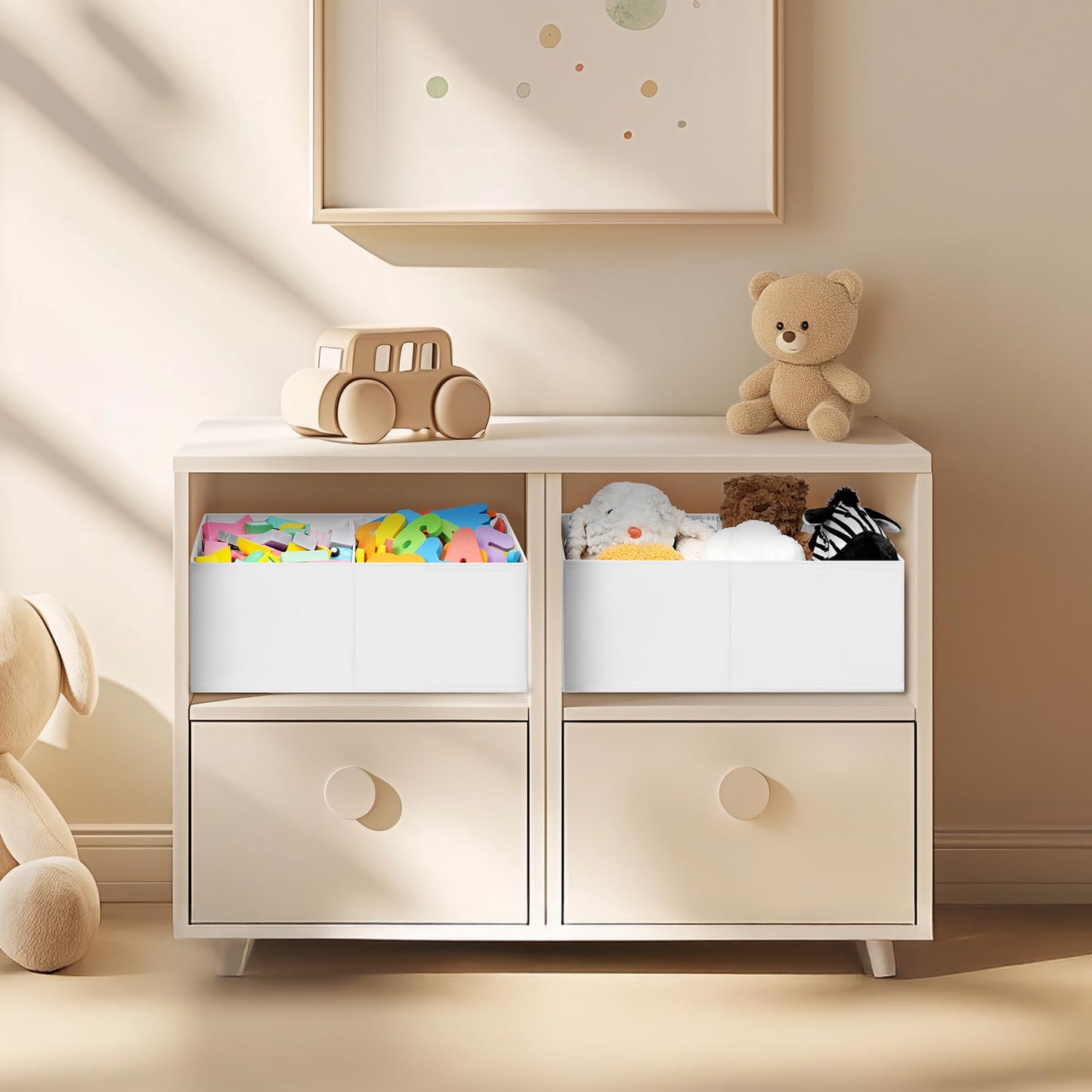 DIMJ Large Closet Shelf Organizer Bins 6 Packs with Handles and Divider, Fabric Trapezoid Storage Baskets, Foldable Clothes Containers Box for Shelf, Towel, Book, Toy, Purse, Hats, ,White
