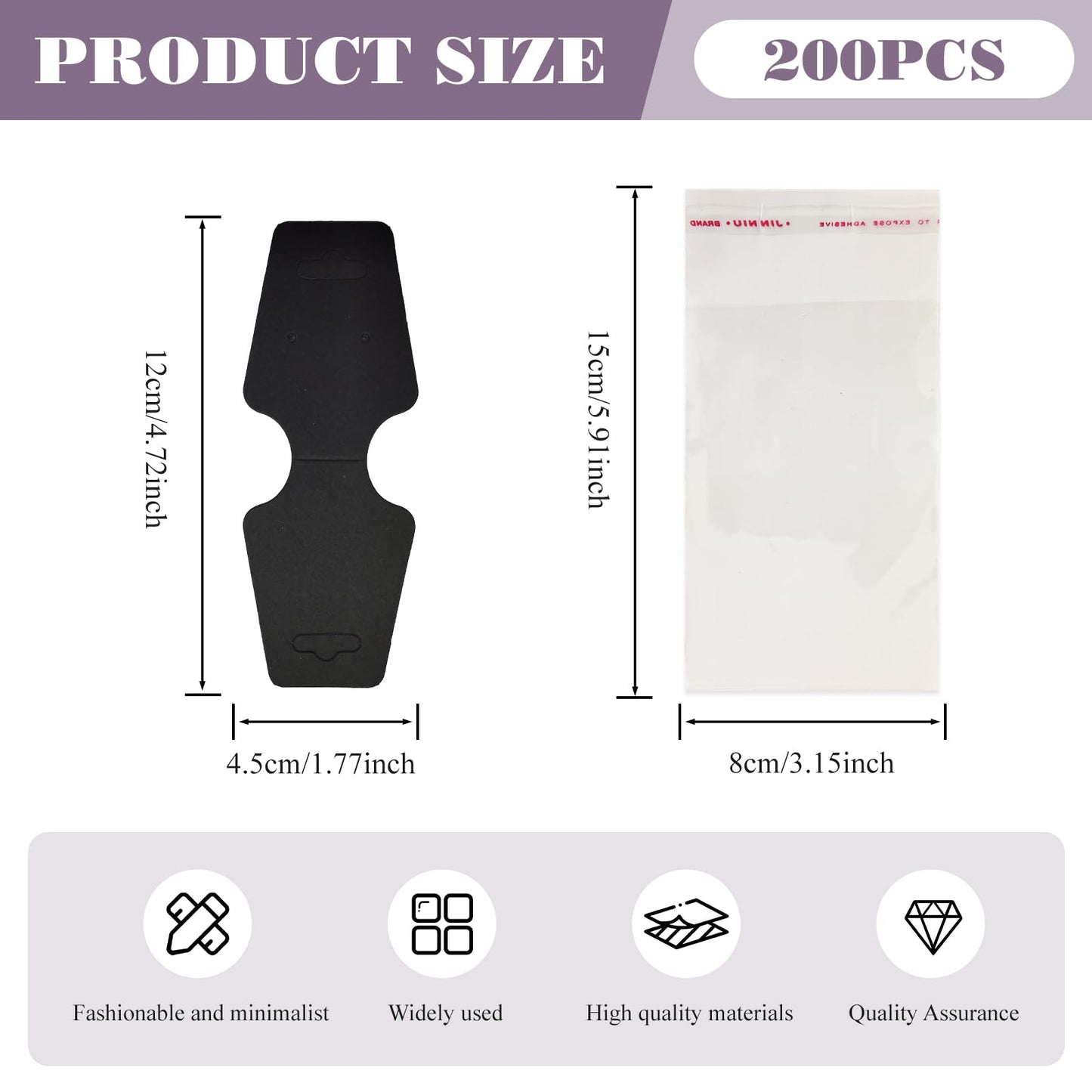 200pcs Jewelry Display Cards with Adhesive,1.7*4.7inch Necklace Display Kraft Cards with 200pcs Packaging Bags Jewelry Holder Cards Hanging for Earring Hair Band Keychain Scrunchies (Black)