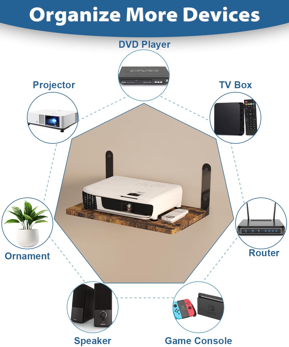 Ardier Wall-Mounted Projector Shelf, Wooden Media Holder Holds Up to 24 lbs, Floating Entertainment Shelves Furniture for Cable Box, WiFi Router, TV Box, Game Console, DVD Player, Black