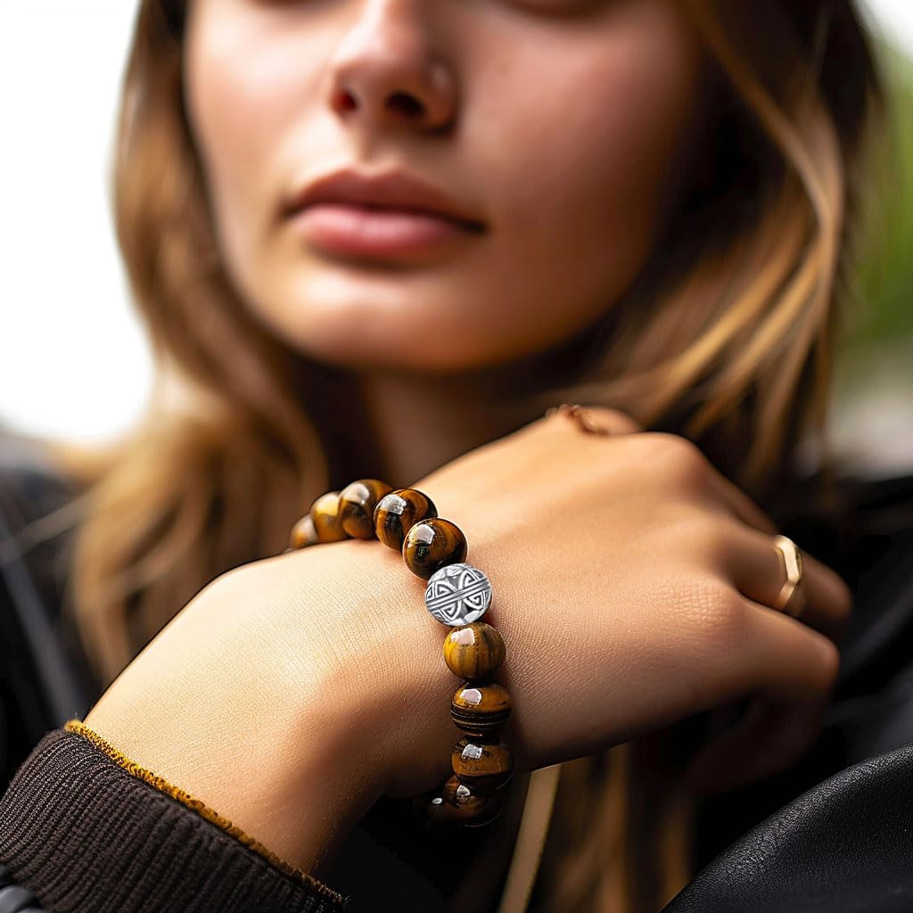 MetJakt Healing Crystals Beaded Bracelets for Womens Natural Gemstone 8mm Beads Stretch Bracelets with 925 Sterling Silver Double Happiness Pendant (Tiger Eye)