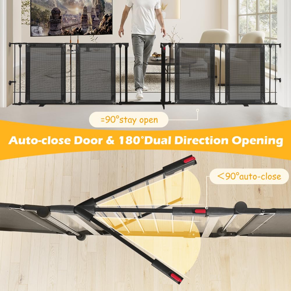 HIDOG Dog Gate Foldable Pet Playpen Extra Wide 29"-126", Auto Close Pet Gate Dog Fence Pressure Mounted Walk Through Swing Safety Pet Fence Indoor Puppy Date for Stairs, 29" Height-5 Panels, Black
