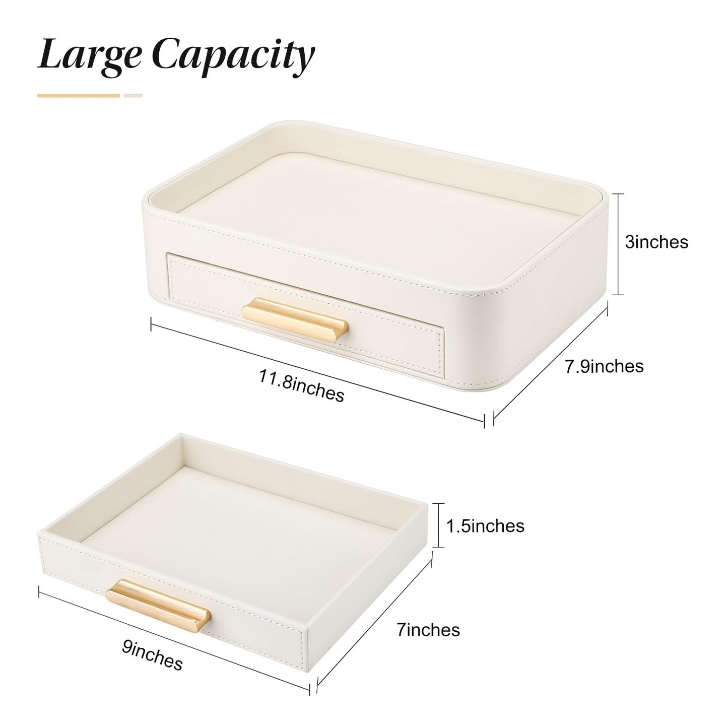 GORESE PU Leather Valet Tray with Drawer, Nightstand Organizer Catch All Tray for Jewelry Perfume Purse Trinket Key Holder, EDC Trays for Desk Vanity Entryway Table, Gift for Women Men, Cream White