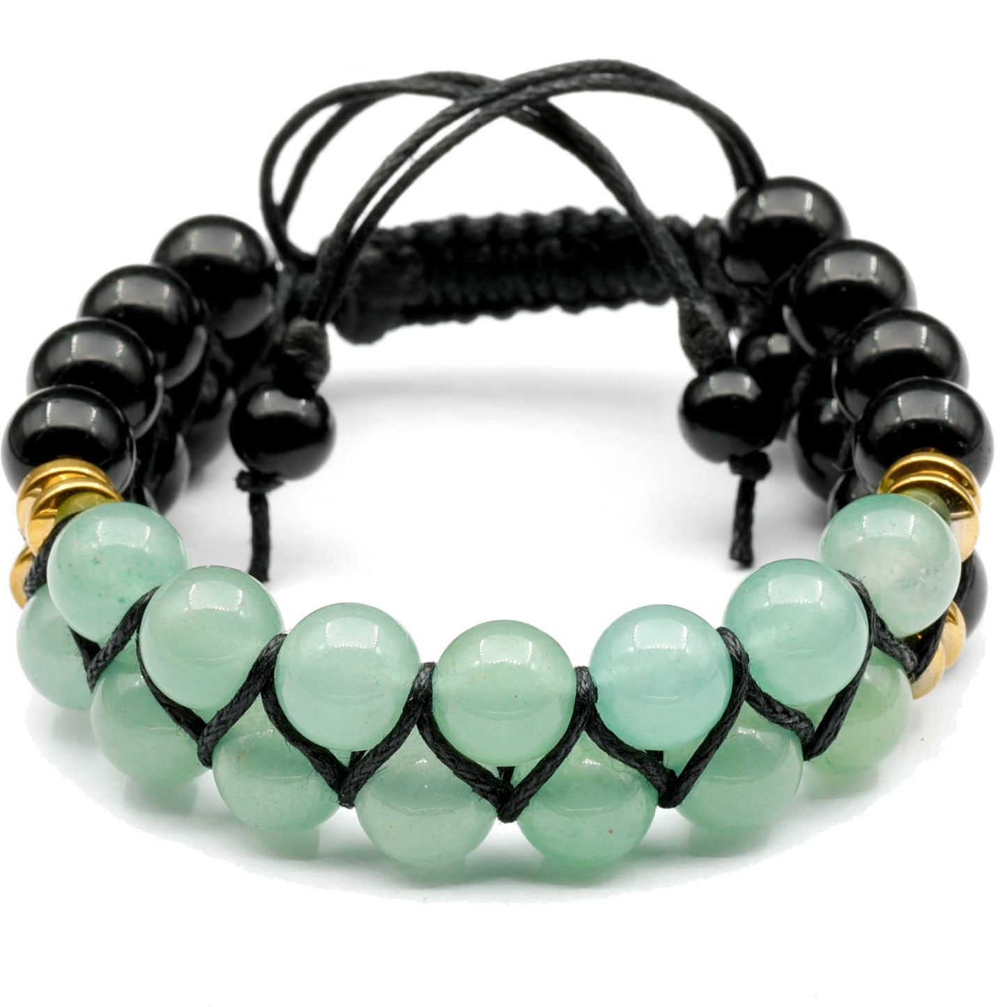 Natural Green Aventurine Double Row Bracelet for Men & Women | Handmade 8mm Green Aventurine Black Onyx Macrame Bead Bracelet | Adjustable Waxed Cord | Libra Zodiac Chakra Jewelry Gift