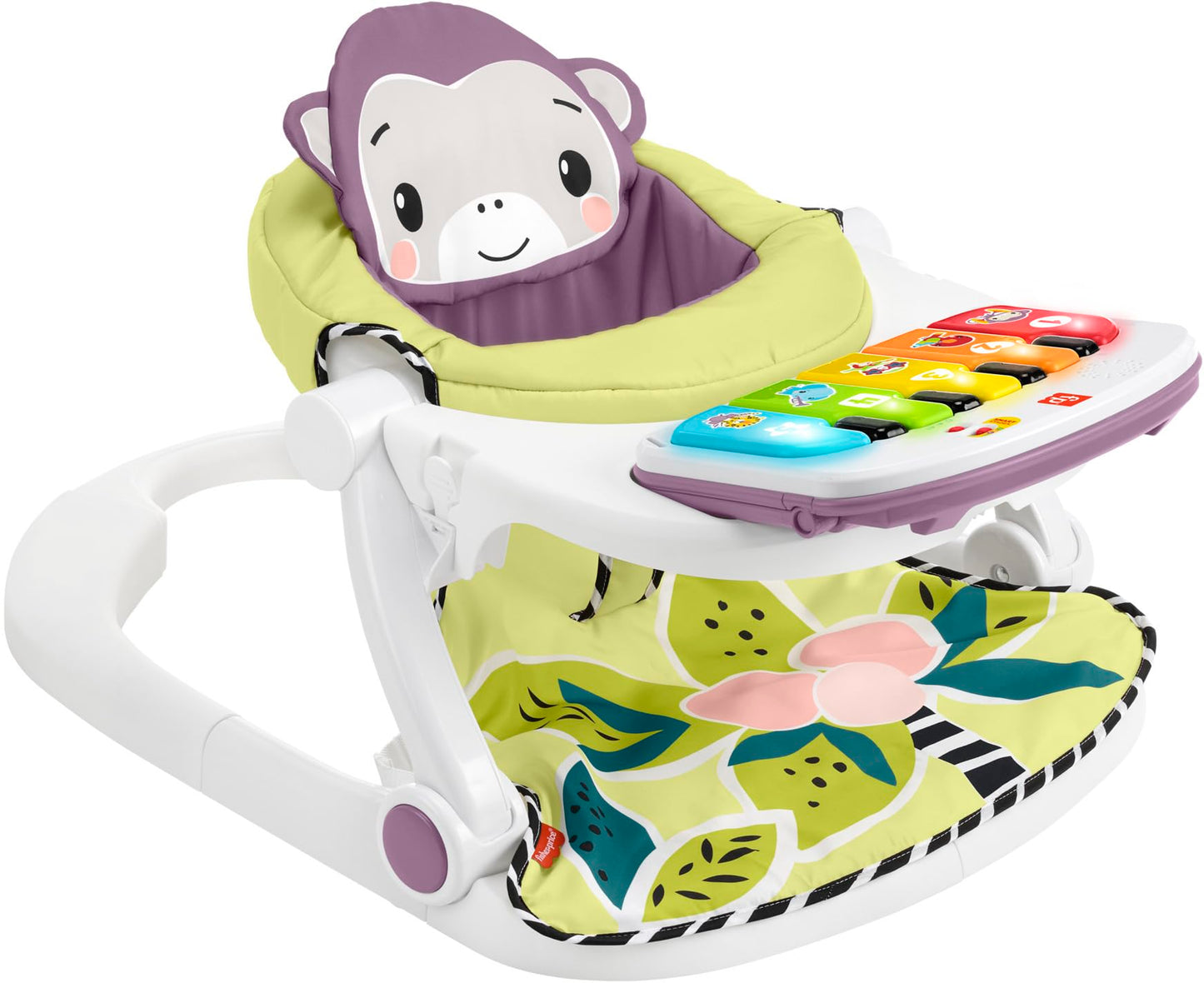 Fisher-Price Portable Baby Chair Kick & Play Deluxe Sit-Me-Up Seat with Piano Learning Toy & Tray for Infants to Toddlers, Purple Monkey