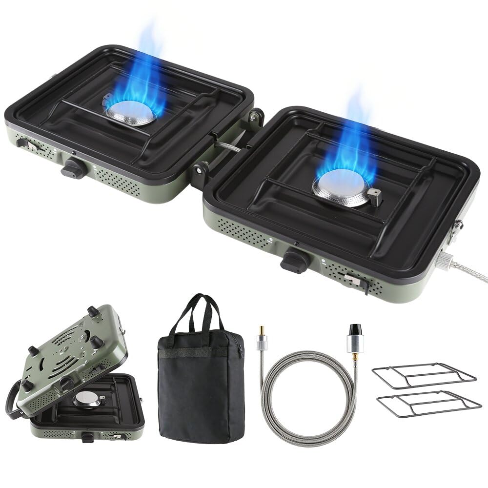 FGY 2 Burner Portable Gas Stove, 17,200 BTU Portable Folding Camp Stove,Dual gas stove with portable handle and Carrying Bag,Adjustment Burner & Piezo Ignition for Camp Cooking,Outdoor (Green）