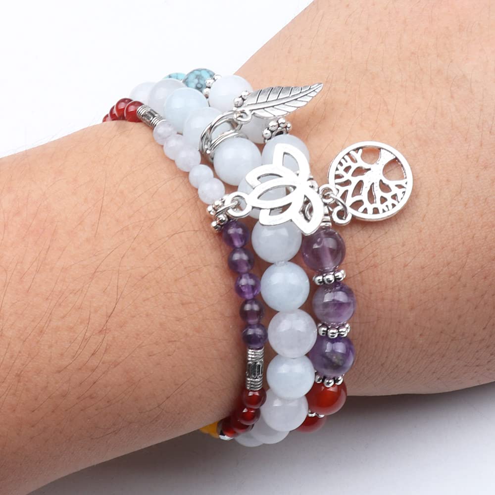 UEUC Natural Gemstone Chakra Bracelets for Women, Multilayer Tree of Life Lotus Crystal Healing Stone Bracelet Sets, Yoga Meditation Reiki Relax Bracelets for Stress Relief(#82)