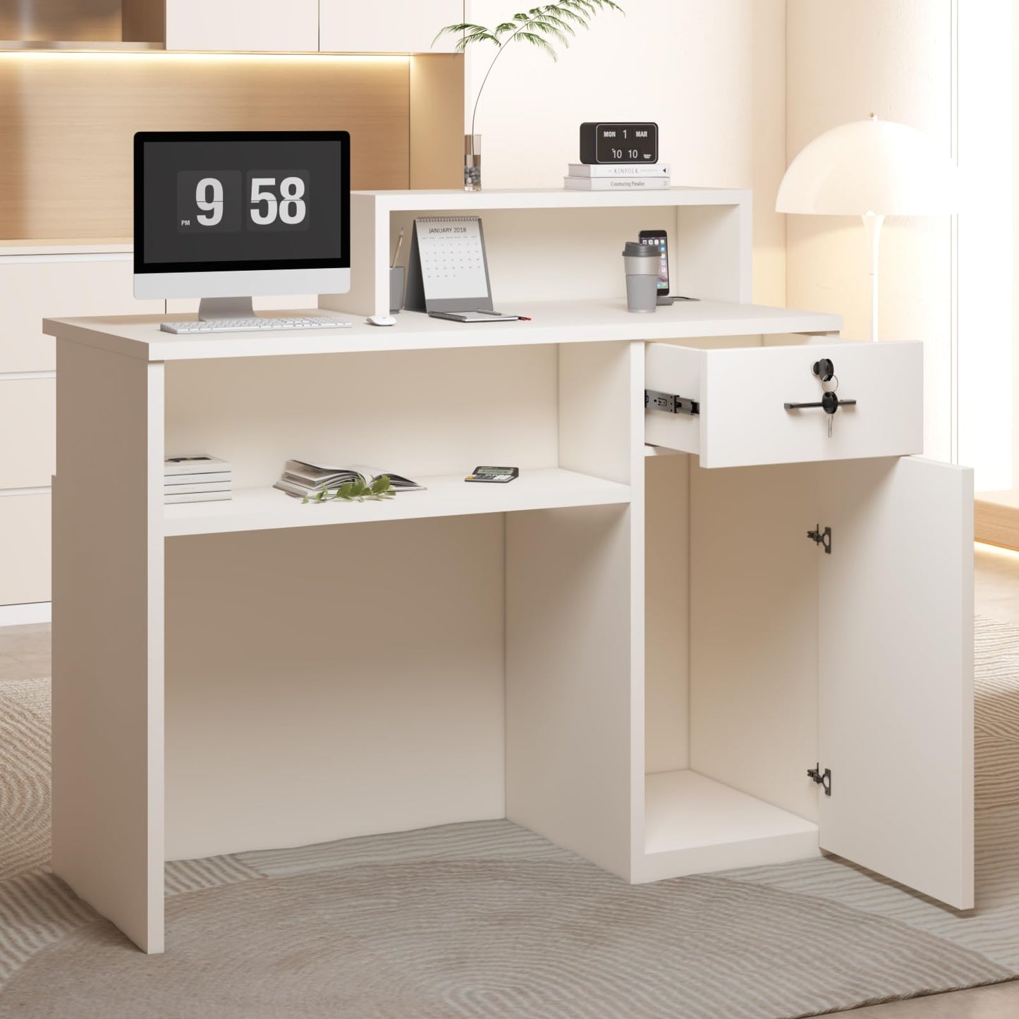 YTElantivo Reception Desk with LED Light and Locking Drawer - 47.2" Small Front Desk for Salon, Office, Retail, Lobby or Checkout Counter Use