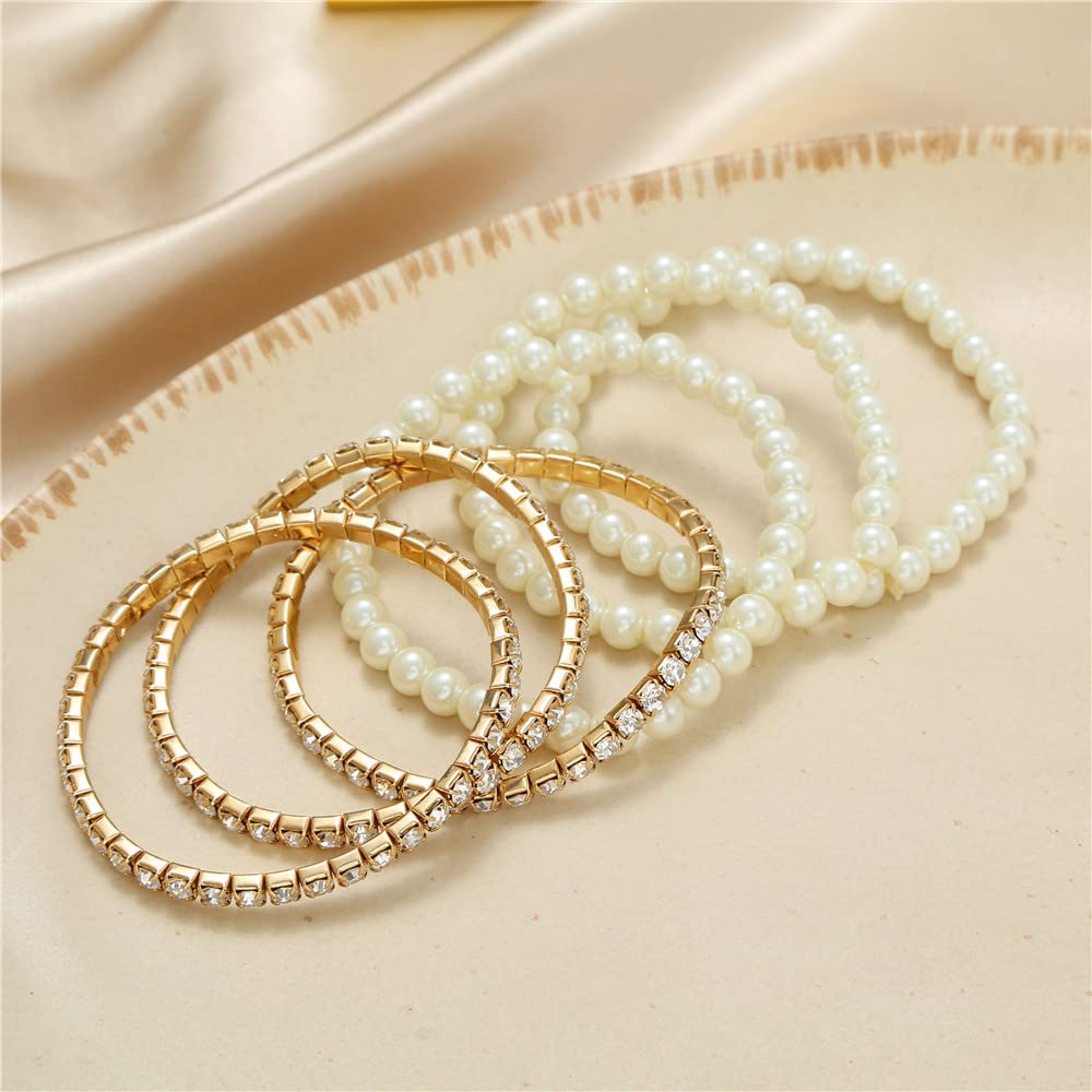 COLORFUL BLING Women Multilayer Temperament Imitated Pearl Stackable Strand Bracelets Beaded Seed Heart Rhinestone Crystal Stretch Bracelet Wedding Wrist Jewelry-zircon