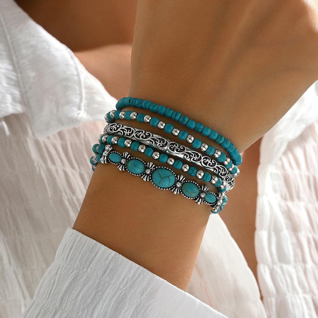 Navirix Western Bracelet for Women,Boho Turquoise Beaded Stackable Elastic Bracelets Set,Vintage Concert Country Cowboy Jewelry Accessories(Oval)