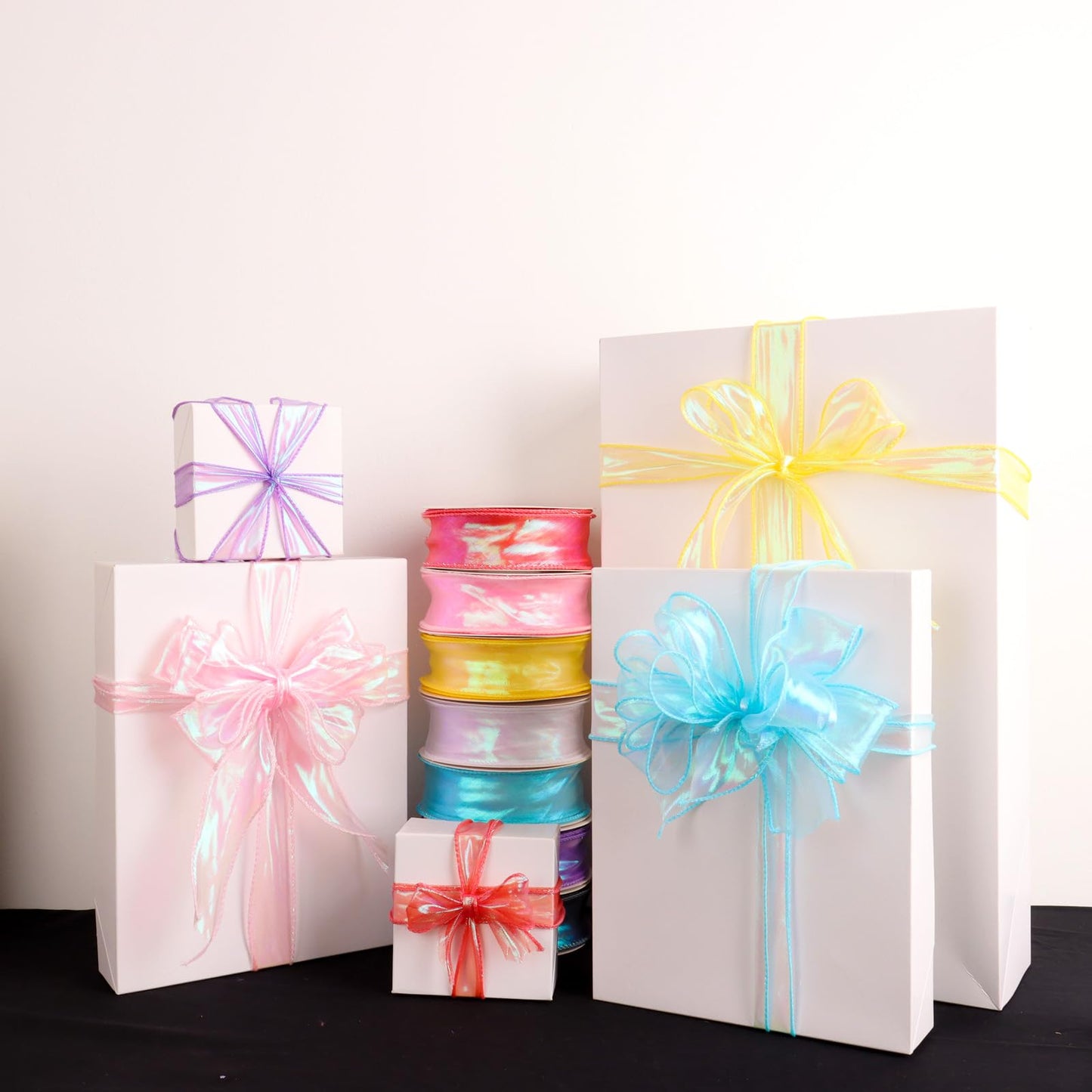 CMFYHM 4 Rolls 4 Colour Organza Ribbon 1-1/2 Inch Wide 10 Yards Wired Chiffon Ribbon for Gift wrap Bow DIY Craft Bouquet Wreath Baking Baby Shower Wedding Parties Valentine Christmas Tree Decoration
