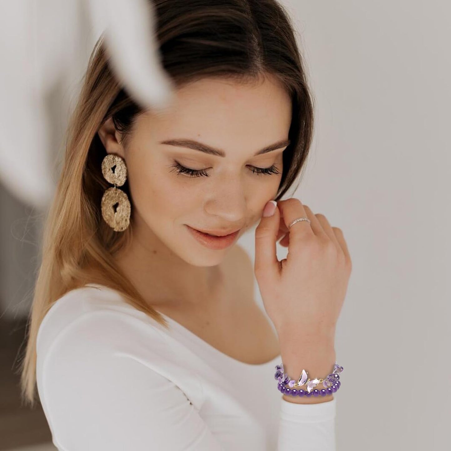 Artlunar Butterfly Bracelets Healing Bracelet Charm Jewelry Gift with Beaded Bracelets Purple Bracelet for Women (Purple)