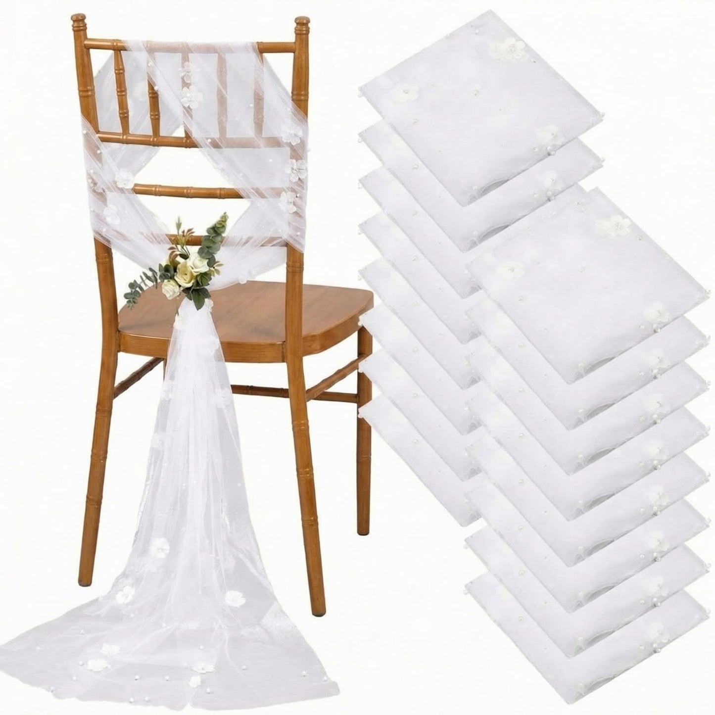 Suncalla 16 Pcs White Wedding Chair Sashes with Pearl Flowers, 96 x 8 Inch Lace Chair Back Decorations for Wedding Aisle Bridal Shower Reception Baby Shower Church Pew Decor