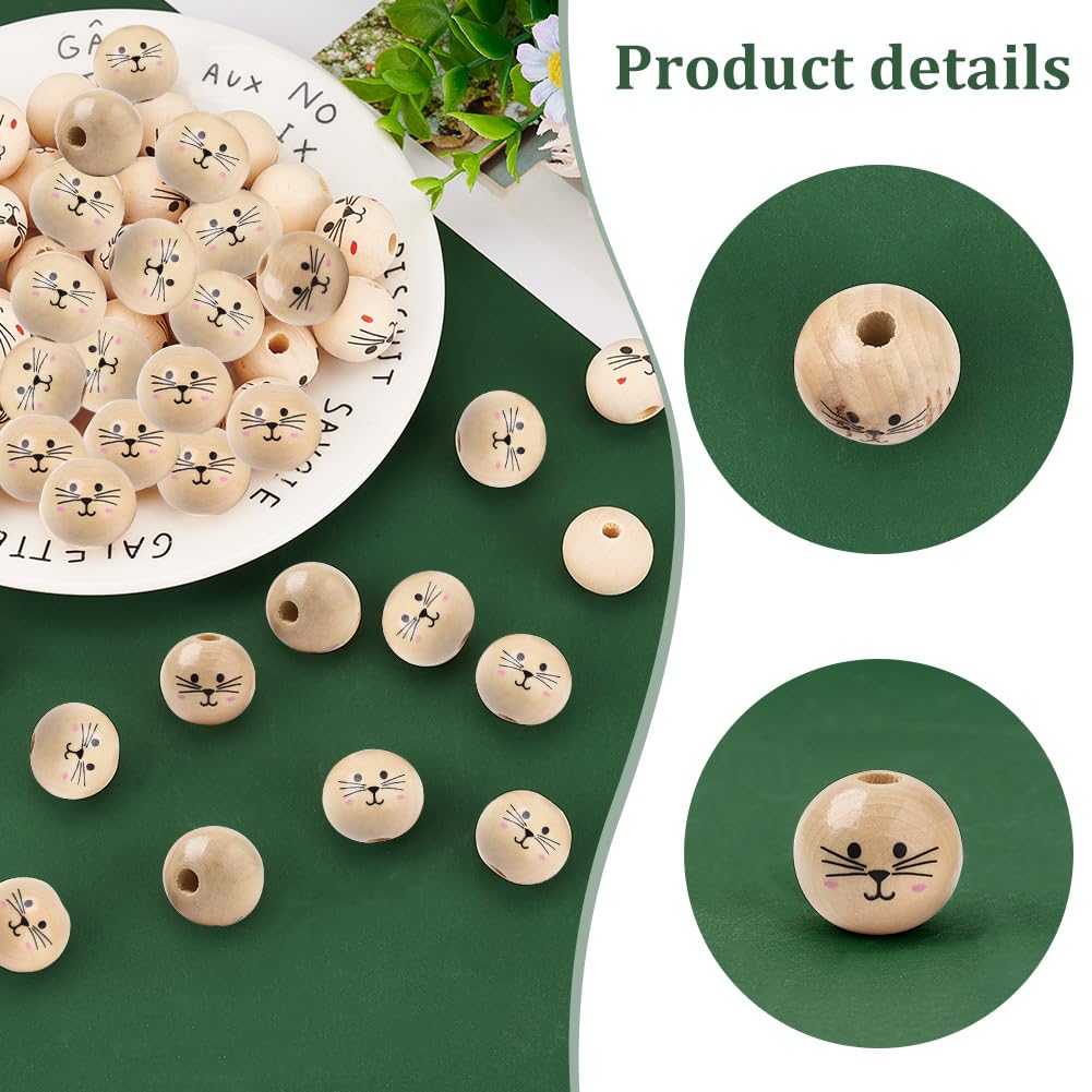 PH PandaHall 60pcs Cat Face Wooden Beads 18mm Painted Beads Farmhouse Wooden Beads Spacer Beads Loose Round Beads for DIY Crafts Home Party Hanging Decoration Festival Easter