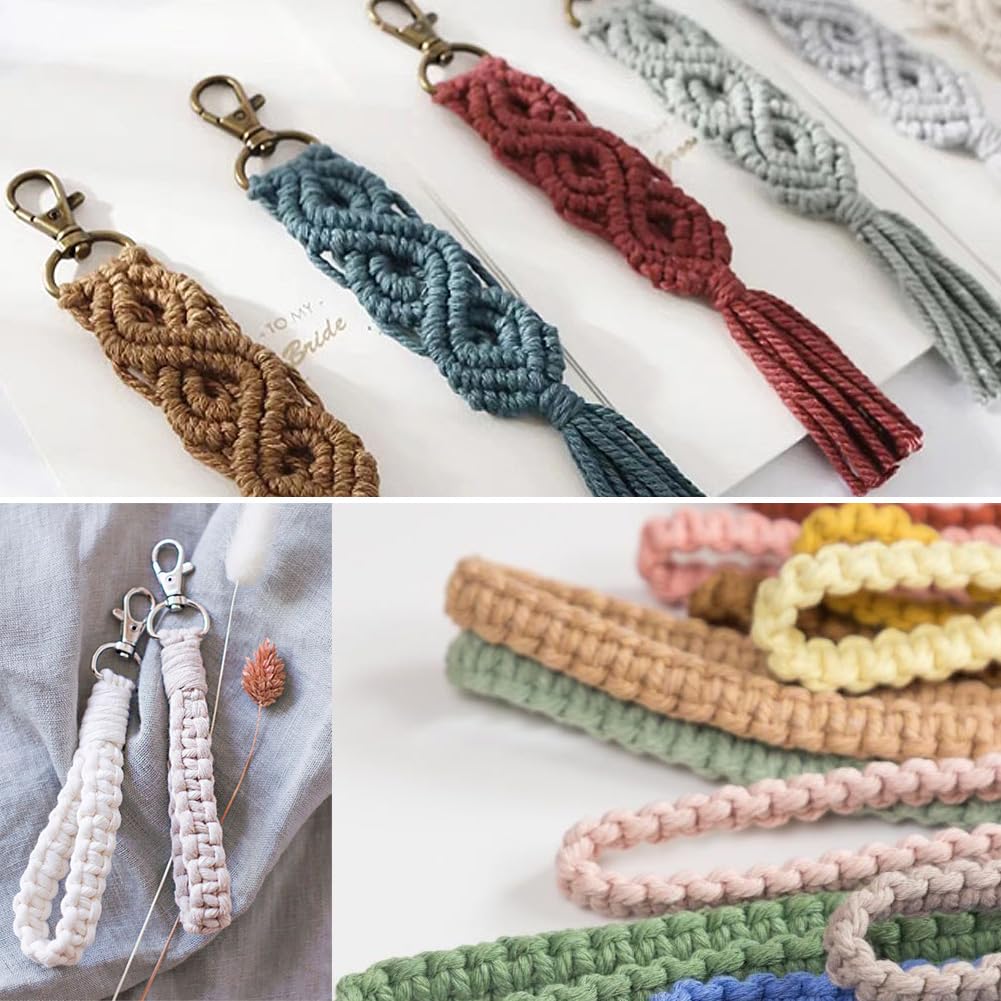 suo long Macrame Kits for Adults Beginner to Make 8 Macrame Keychain with 3mm Yarn Premeasured, Metal Key Ring,Instruction Book for Starter Adults DIY Craft Kit