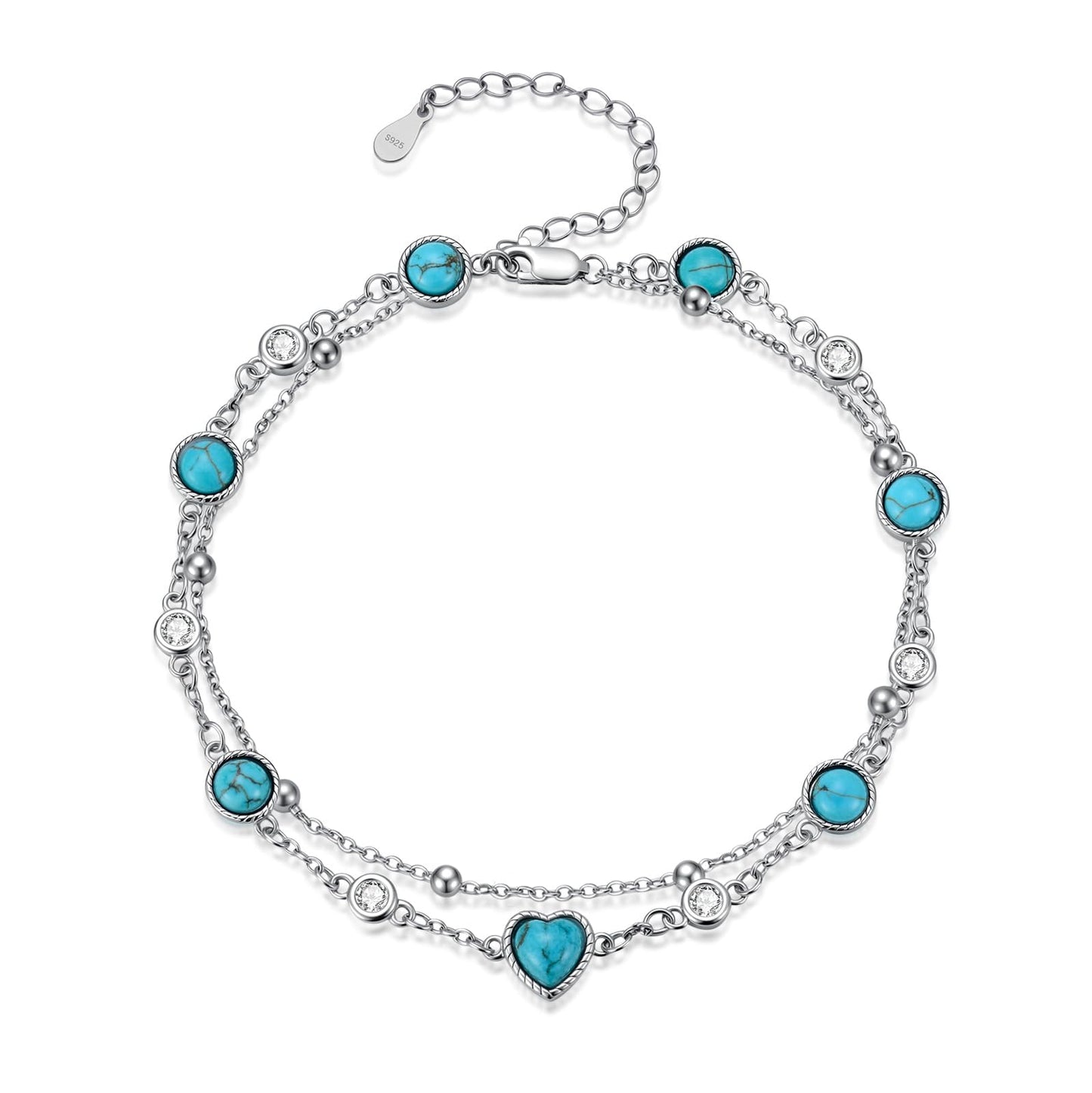 BETHZA Natural Turquoise Anklet 925 Sterling Silver Real Turquoise Gemstone Adjustable Layered Foot Bracelet Jewelry Gifts for Women