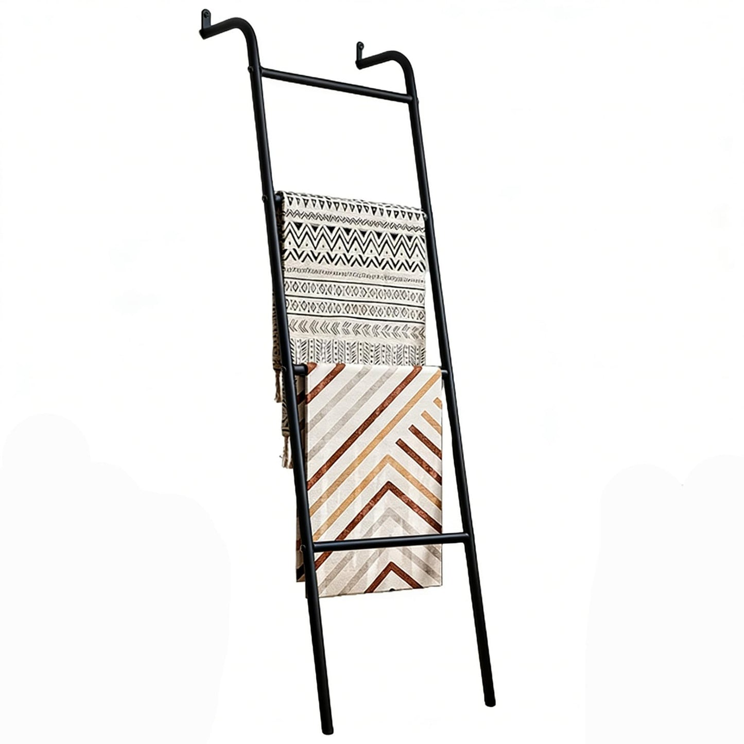 Blanket Ladder, 4 Tier Ladder Shelf 5 FT Decorative Ladder Shelf Stand, Decorative Wall Leaning Farmhouse Quilt Display Holder Dust-proof Metal Towel Rack Holder for Living Room & Bedroom (Black)
