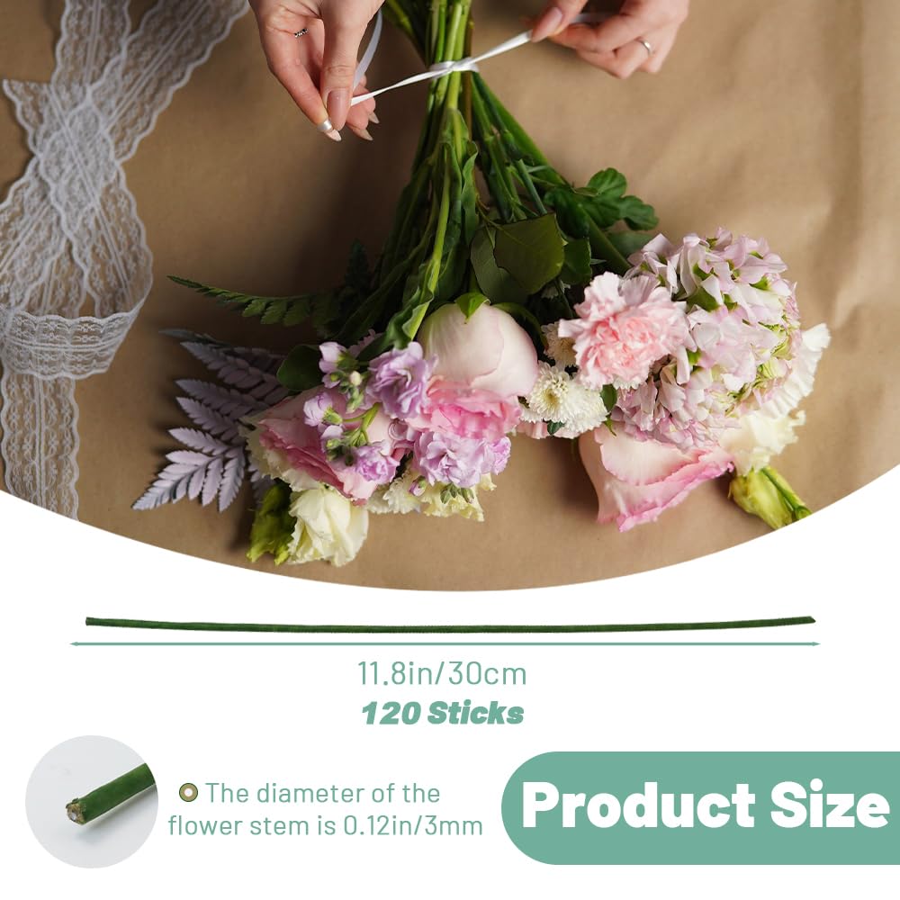 120Pcs Floral Wire, 30cm/11.8in Length 3mm/0.12in Diameter Floral Stems, 18 Gauge Flower Wire Wrapped with Paper (Green)
