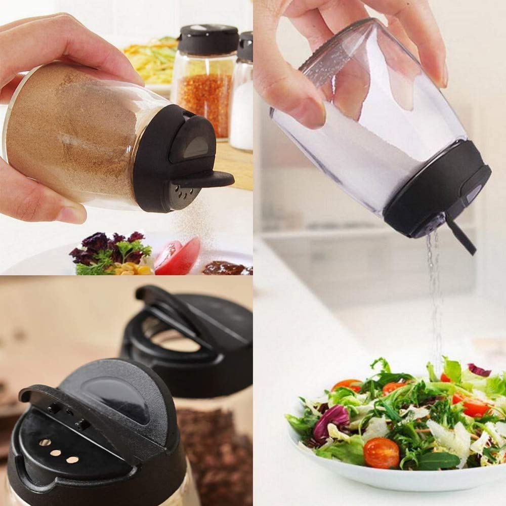Glass Spice Jars, Double Lids Seasoning Shakers Glass Bottles Spice Shakers Sifter Barbecue Salt & Pepper Shaker Container (4PCS）