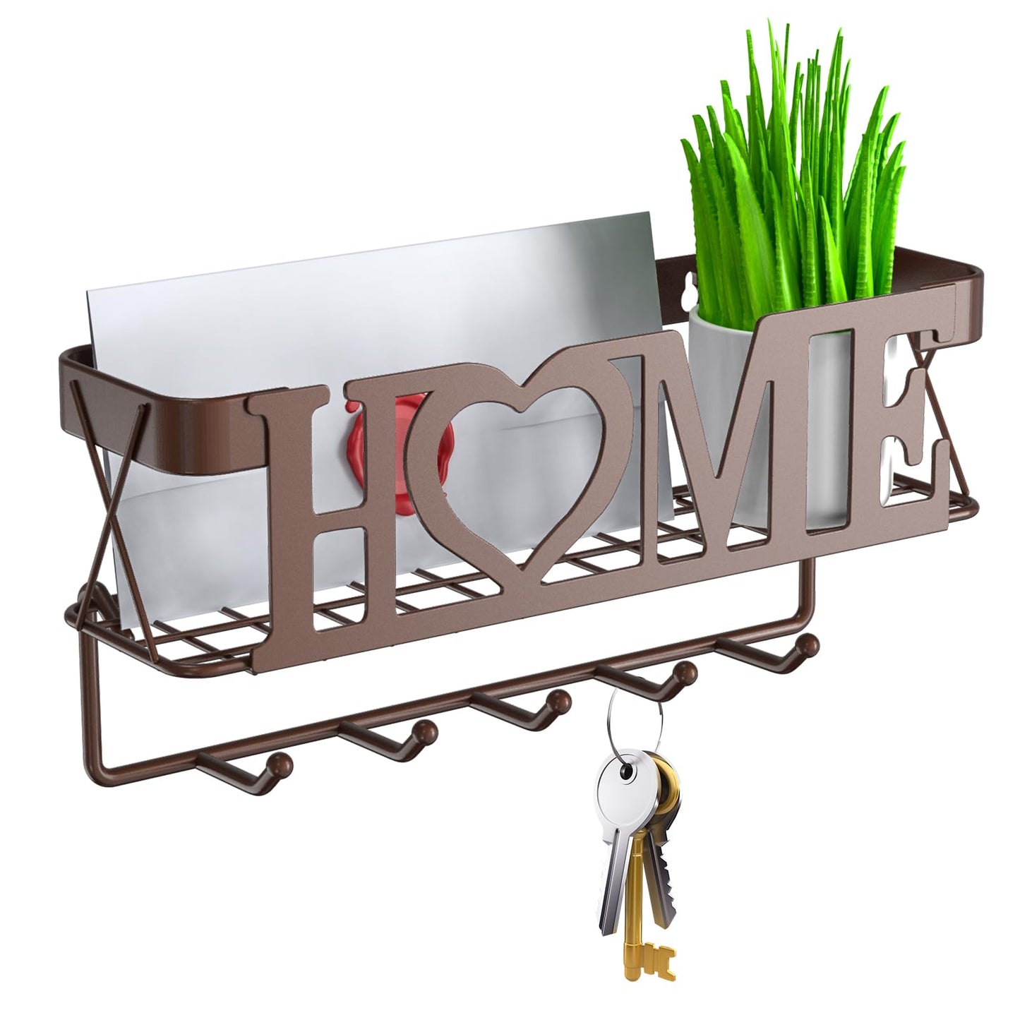 OHOBABY Key Holder Wall Mount - Adhesive Key Holder with 5 Hooks, Key Rack and Mail Organizer, Metal Basket Key Hanger for Entryway, Home, Living Room Decor, 11" L×2.8" W×4.9''H(Bronze)
