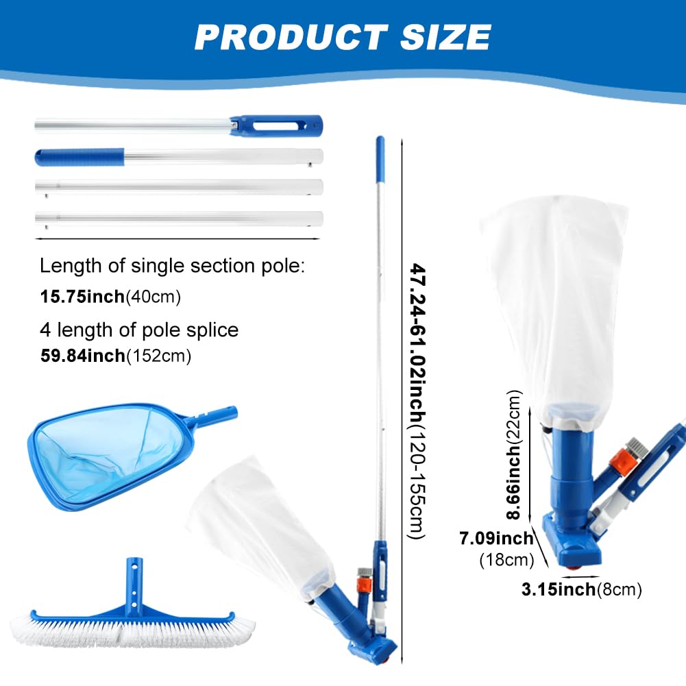 Lovarisse Swimming Pool Cleaning Kit IncludingSpa Jet Vacuum Cleaner,Aluminum Frame Skimmer Net,Pool Brush Head Adjustable 47-61inch Pole, for Inground & Above Ground Swimming Pools