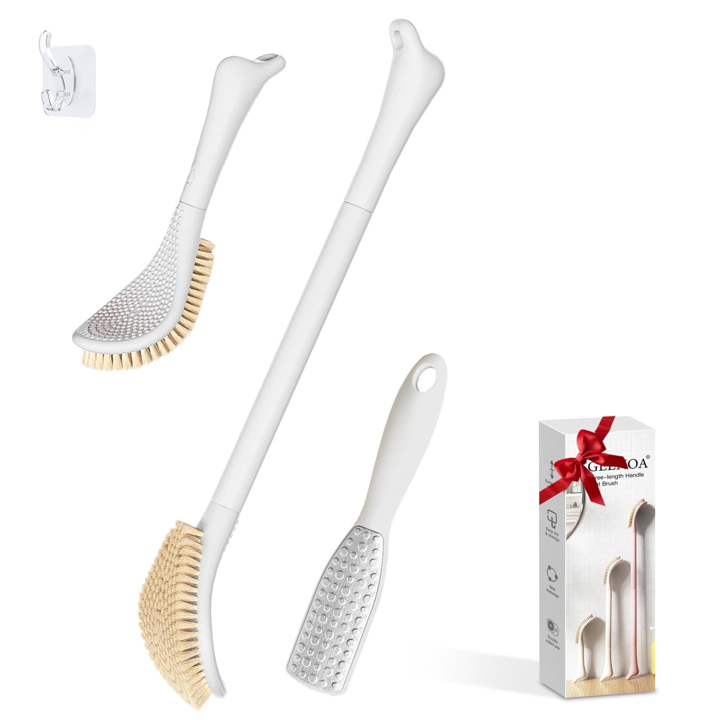 GEENOA New Foot Brush & Foot File Set(2PCS), 3-in-1 Foot Scrubber in Shower, 10.2’’-27.5’’Adjustable Long Handle Foot Scrub Brush and Upgrade Foot File Callus Remover, Gift-Box Packed(White Set)