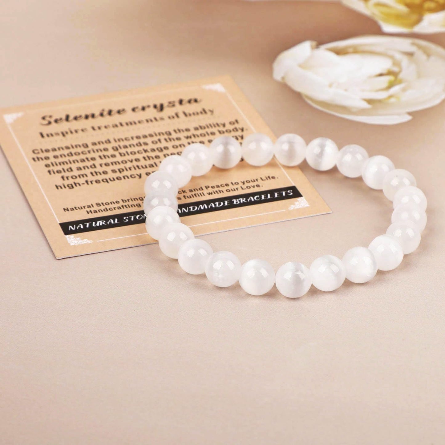 AD Beads Handmade Gemstone Stretch Elastic Bracelet Crystal Healing Reiki Nature's Beauty and Spiritual Essence Unisex (4mm, Selenite Crystal (Inspire Treatments))