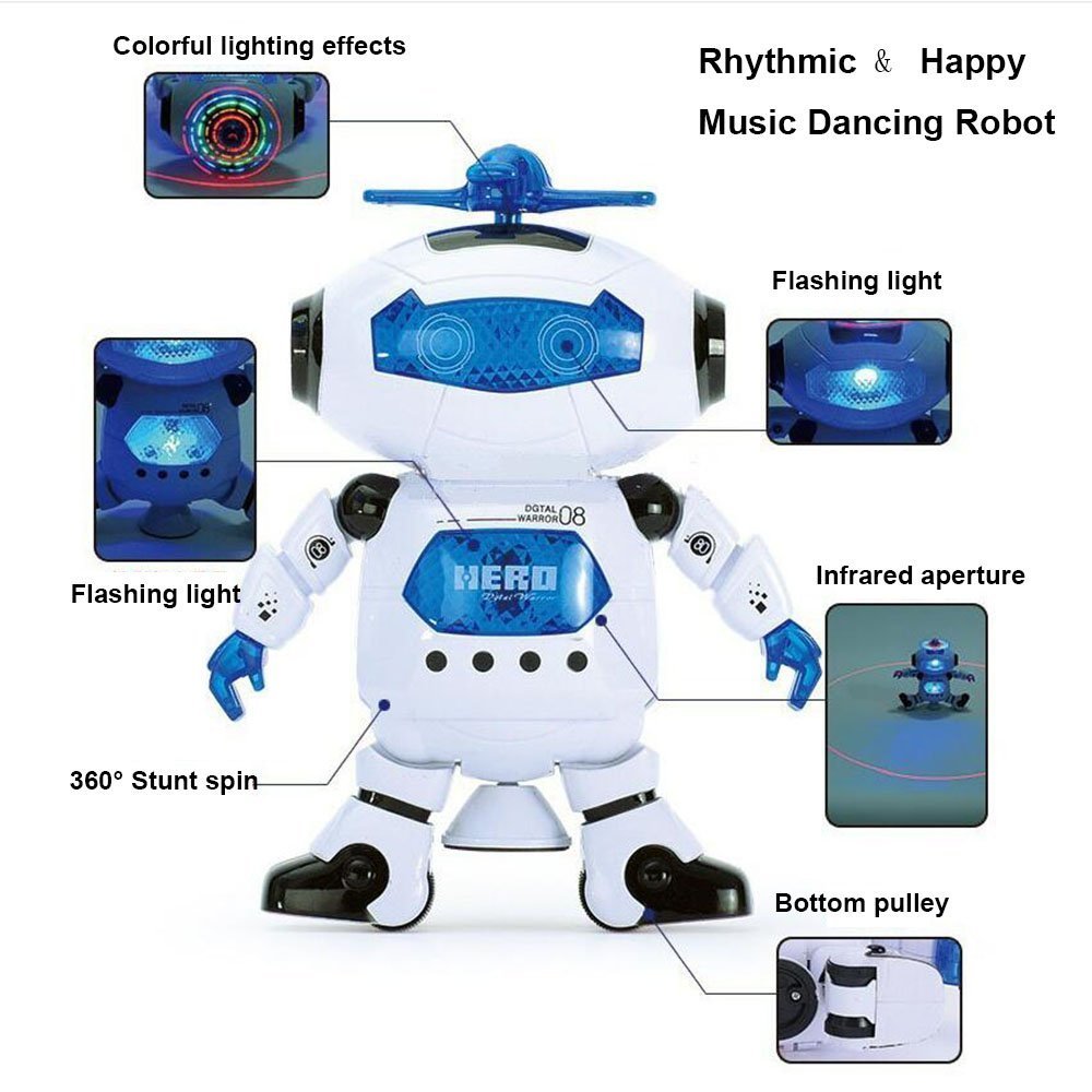 WenToyce Musical Walking Dancing Robot Toy for Kids, Flashing Lights, 360° Body Spinning, Toddlers Bosys Girls Fun Figure Toy