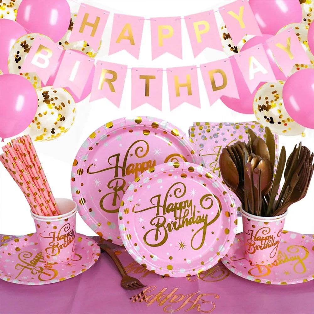 Lumora Pink Gold Birthday Decorations Set of 104 Pcs – Party Supplies with Plates, Cups, Napkins, Tablecloth, Balloons & Banner for Women Baby Shower