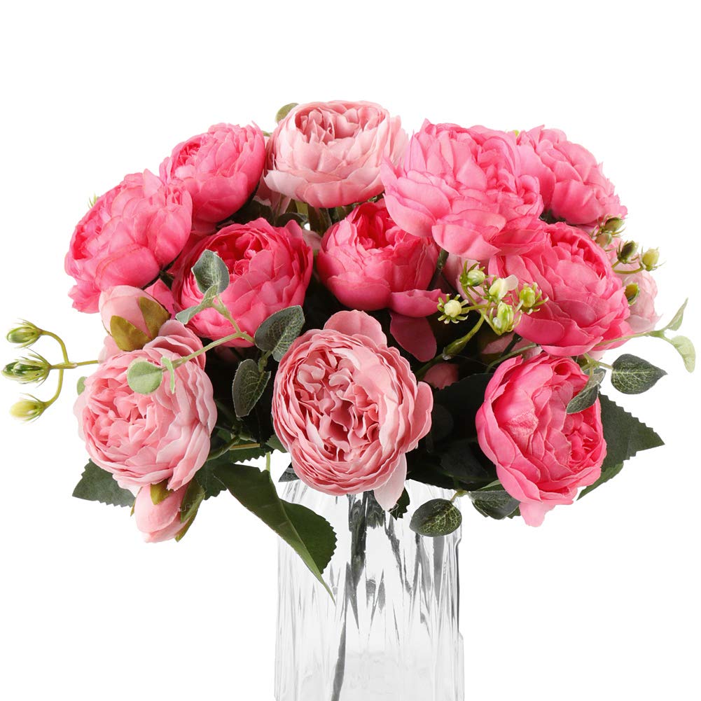 DEEMEI 4 Bundles Peonies Artificial Flowers, Fake Silk Peonies Bouquet of Flowers for Home Decor Faux Floral Table Centerpieces for Kitchen Bathroom Wedding Party Decor(Rose Red+Pink)
