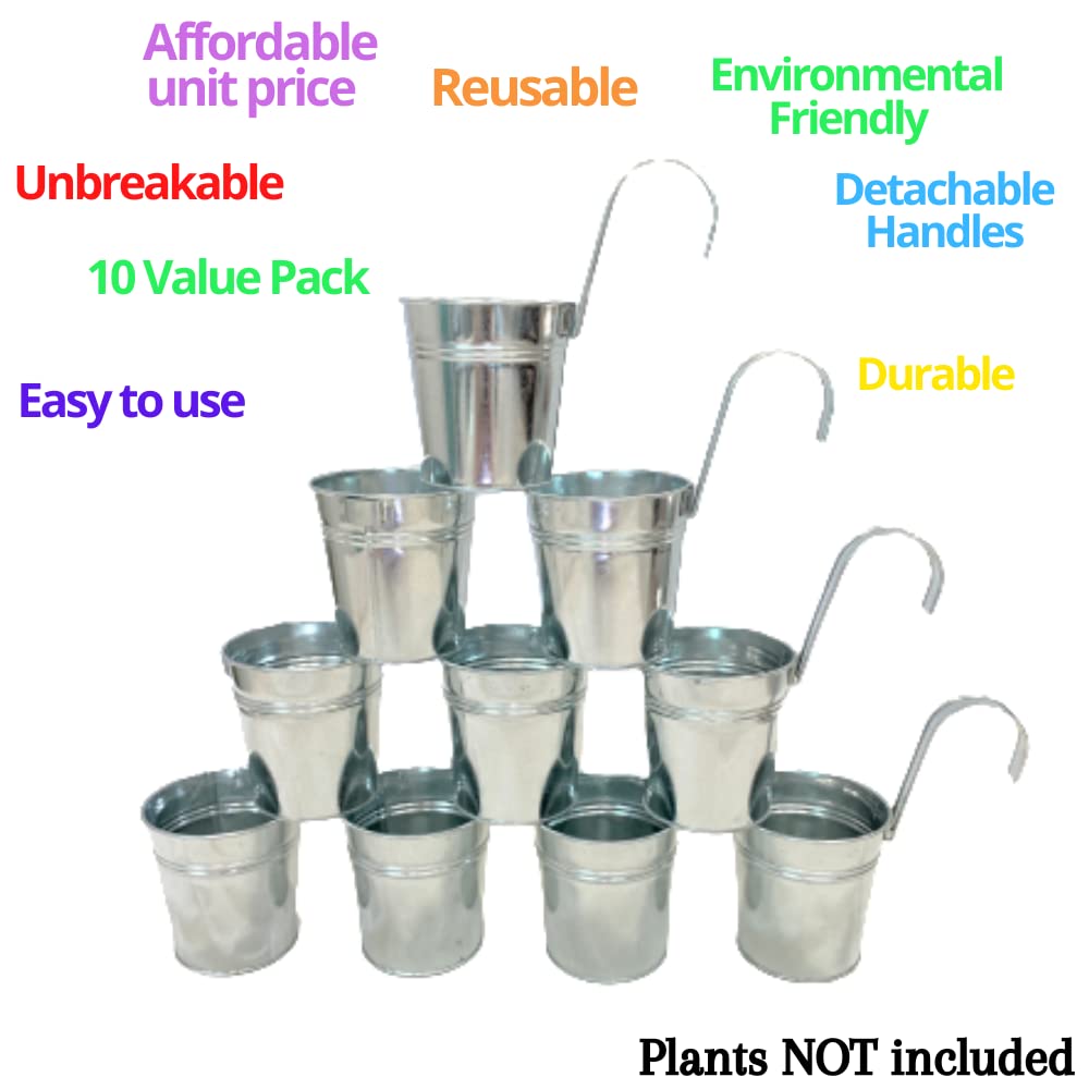 LaLaGreen Fence Planters for Outdoor Plants (10 Pack, 6 Inch) Railing Planter Metal Herb Garden Pots Outdoor, Hanging Silver Flower Buckets for Outside Wall Deck Patio Balcony Rail Farmhouse Rustic