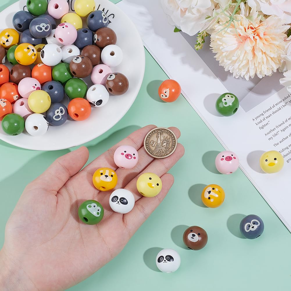 PH PandaHall 80PCS Animal Printed Wood Beads, 8 Style 19mm Wooden Farmhouse Animals Beads with Dog Pig Fox Bear Frog Pattern Round Wood Bead for DIY Jewelry Making Christmas Decorations 5mm Hole