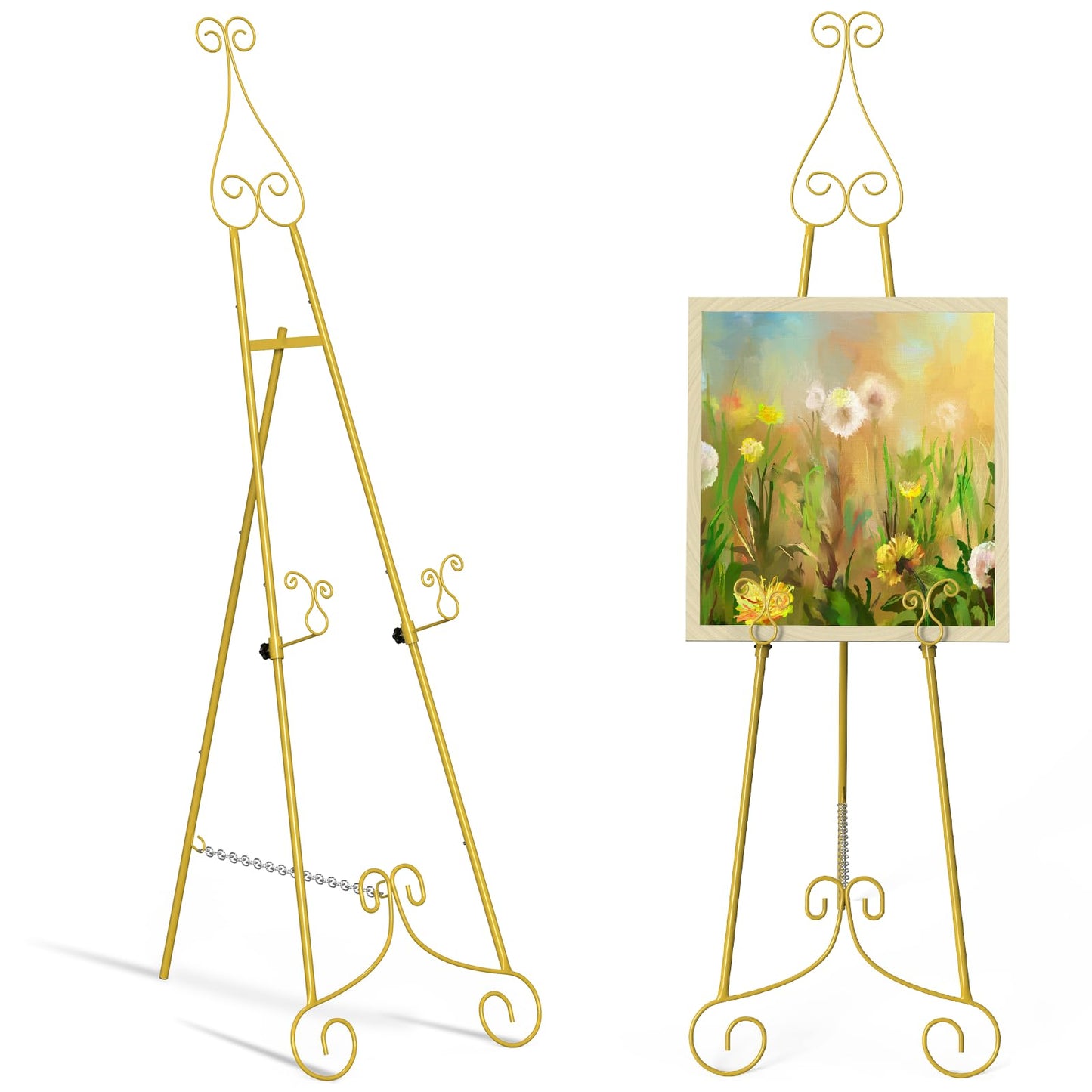 HAITRALGold Easel Stand for Sign, Adjustable Display Easel Stand with Chain Support,Heavy Duty Metal Easel for Wedding Sign,Art,Pictures,55" H Welcome Poster Stand Sign Holder Floor Décor,2 Pack