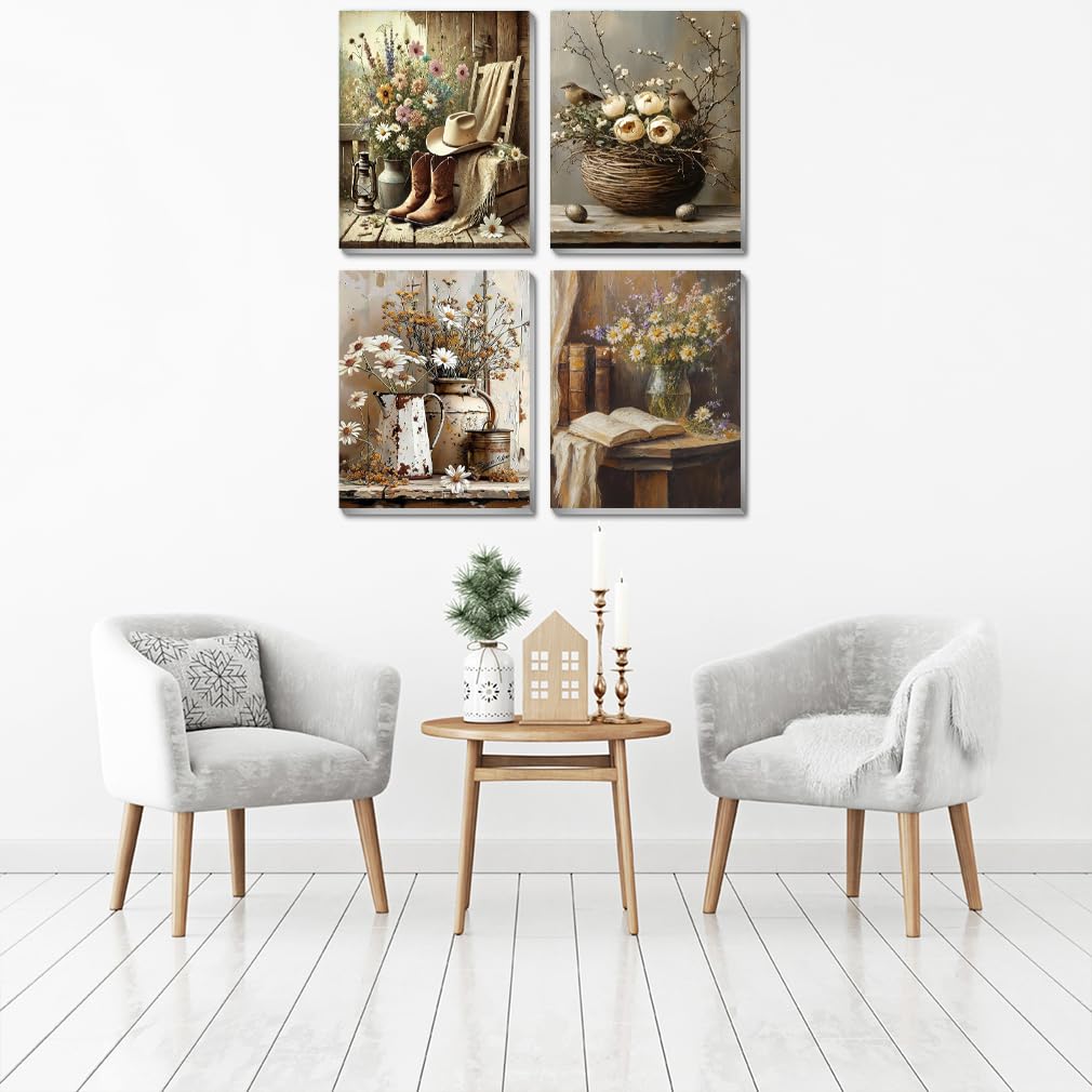 VIGEGU 4 Pack Paint by Numbers Kit for Adults Beginner with Frame Retro Floral,Paint by Numbers Oil Painting DIY Crafts for Adults Home Wall Decor 9.5x11.8inch