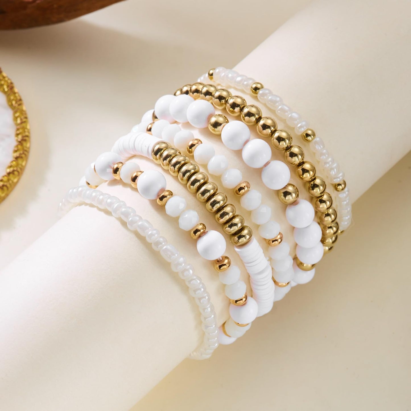 LOTSOF Boho Multilayer Beaded Bracelets Set for Women - Vintage Gold & Brown Stackable Stretch Bracelets, Bohemian Handmade Jewelry for Daily Style & Gifting (White)