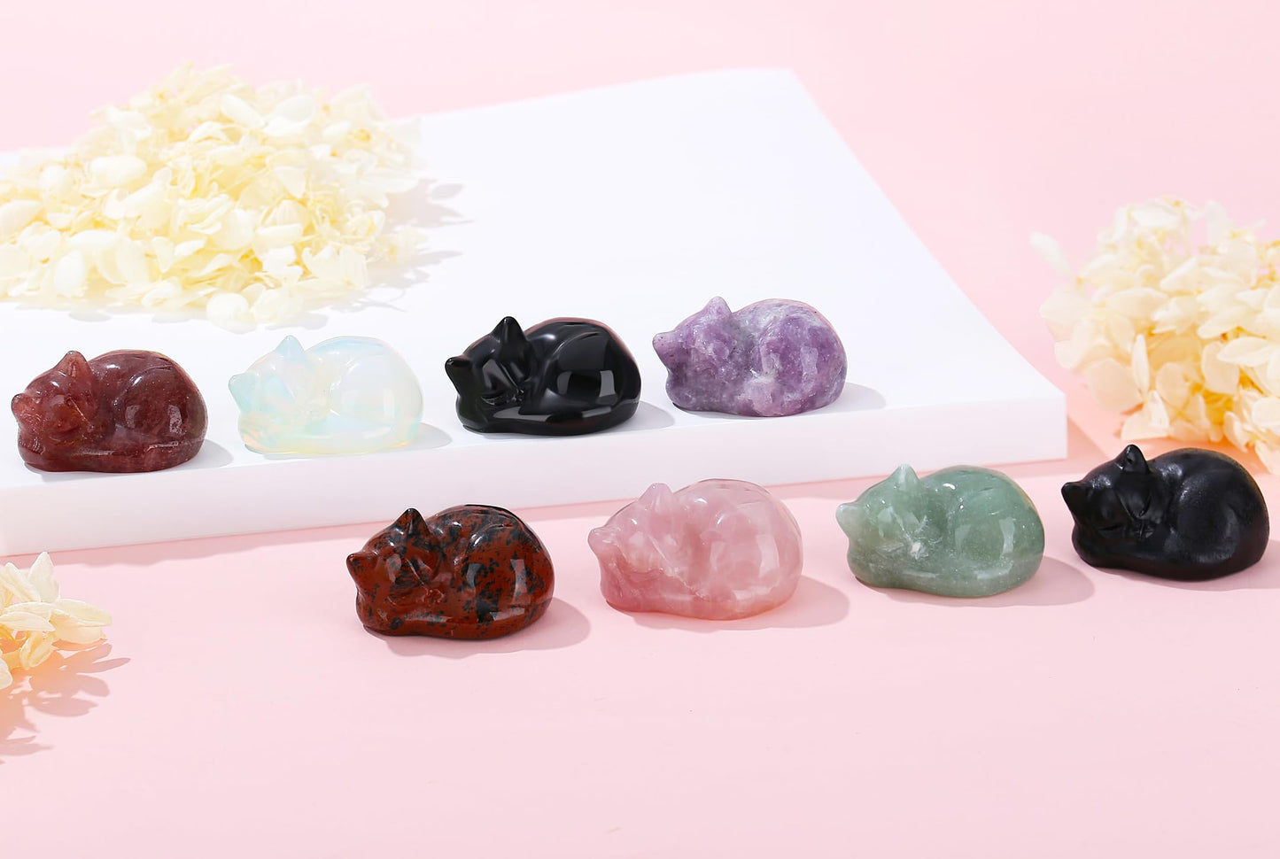 YATOJUZI 2" Cat Decors Statue Pink Home Office Desk Decor Rose Quartz Crystals Sleeping Cats Gemstone Hand-Carved Cute Crystal Animal Statues Figurine Kitten Ornaments Gifts for Women