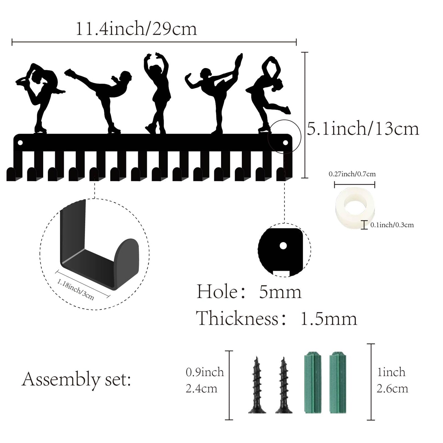 CREATCABIN Figure Skating Medals Holders Medal Display Hanger Small Rack Organizer Metal Ribbon Shelf Stand Frame Decor Wall Mounted Hanging with 14 Hooks for Athlete Sporter Black 11.4 x 5Inch