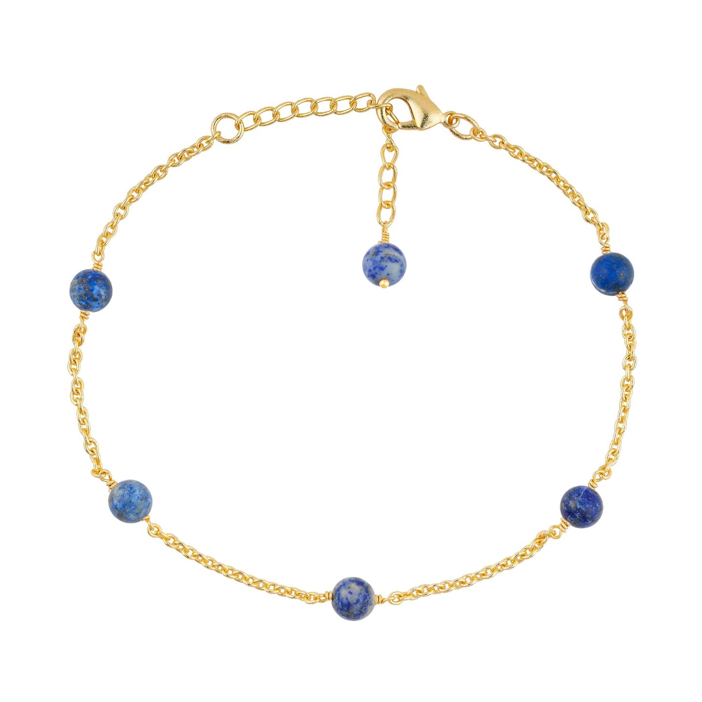 JEWEL OF ROCKS Lapis Lazuli Beaded Anklet, Handmade Craft, Anklet Beads Bracelet, Chakra Healing Anklet, Gemstone Women Jewelry, Hypoallergenic Gold Plated Brass Anklet 9 inch + 1.5 inch (1pcs)