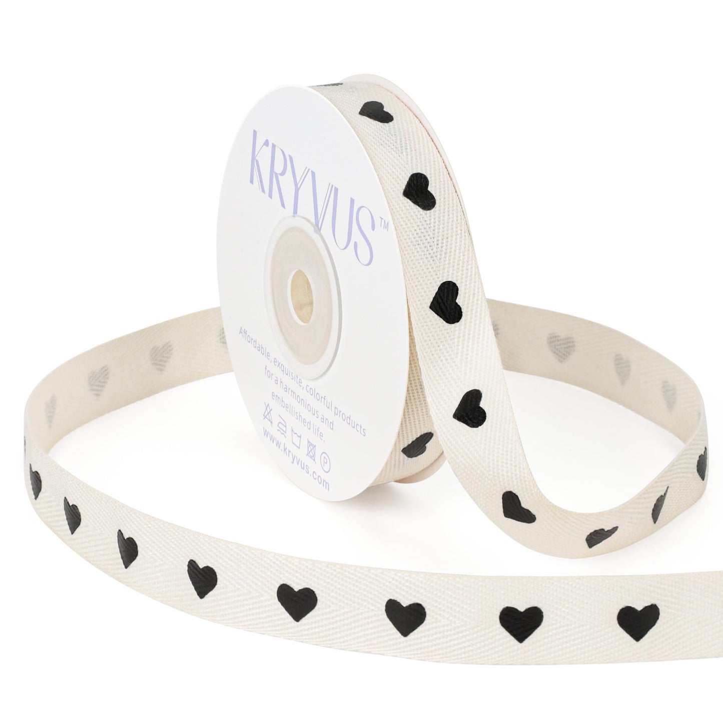 Kryvus Black Hearts Ribbon, 5/8 Inch x 27 Yards Natural Twill Tape Ribbons, Cotton Herringbone Ribbon for Gift Wrapping, Valentine's Day, Birthdays, Wedding Decorations, Anniversaries, Mother's Day