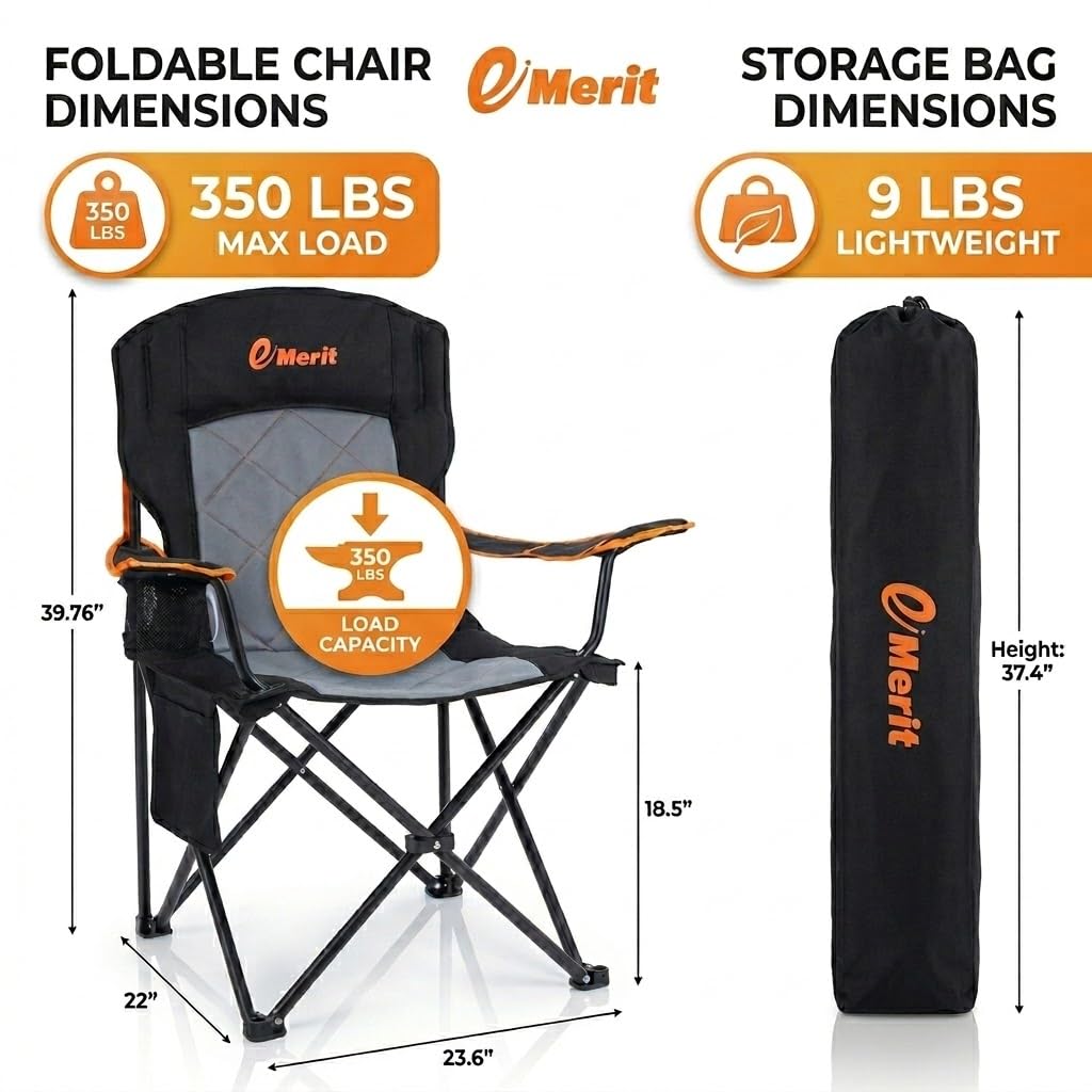EMERIT 2 Pack Oversized Padded Camping Chair, 350LB Heavy Duty Quad Fold Chair with Arms, Collapsible Outdoor Chairs with Lumbar Back & Cup Holder