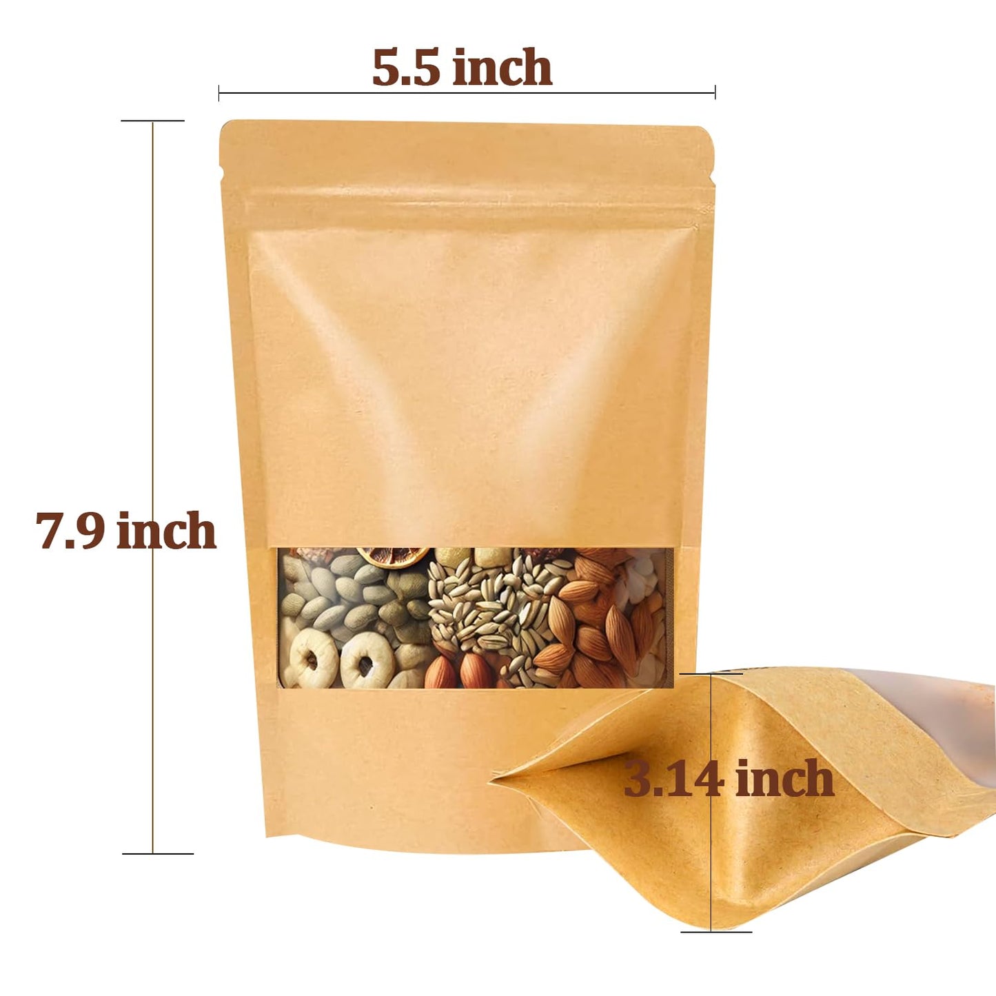 Kraft Paper Bags with Window 100 Pack - Resealable Food Grade Brown Pouches, 5.5x7.9 Inch Eco-Friendly Stand Up Packaging Bags for Coffee, Bakeries, Retail Displays & Small Business Storage