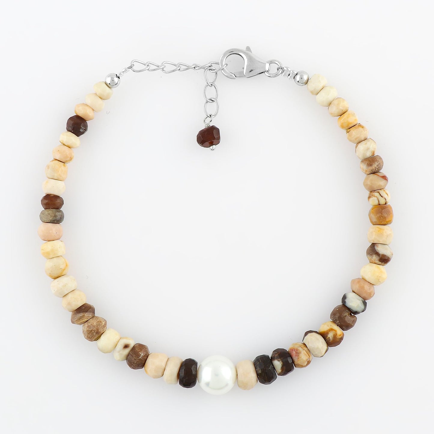 CRYSTALIS Natural Petrified Wood Jasper Beads Adjustable Bracelet with Elegant Pearl, High Grade Gemstones, Chakra Healing Stones, Gift Jewelry, 925 Sterling Silver Womens Bracelet 8 inch